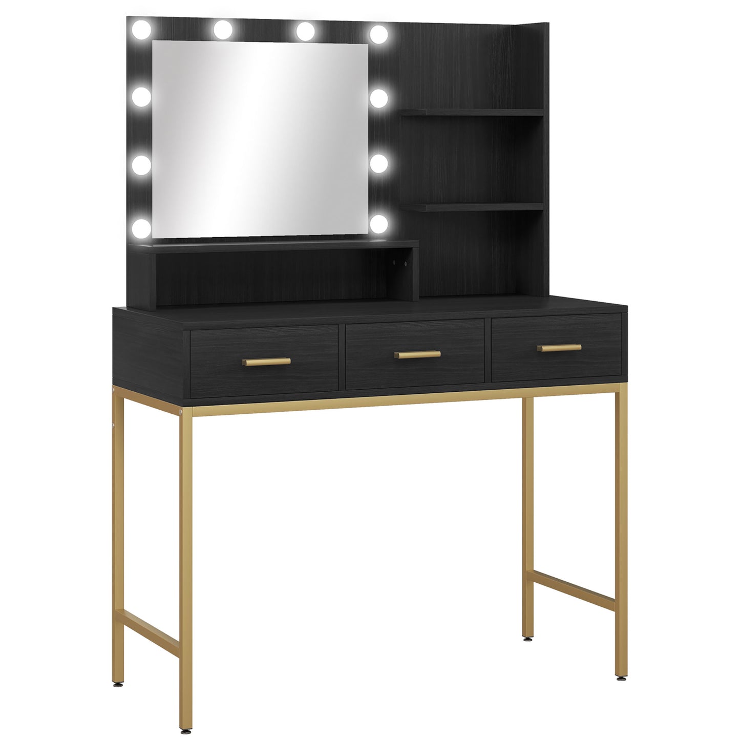 Illuminated Dressing Table, LED Vanity Table with Mirror, 3 Drawers and Storage Shelves for Bedroom, Black Dressing & Vanity Tables   at Gallery Canada