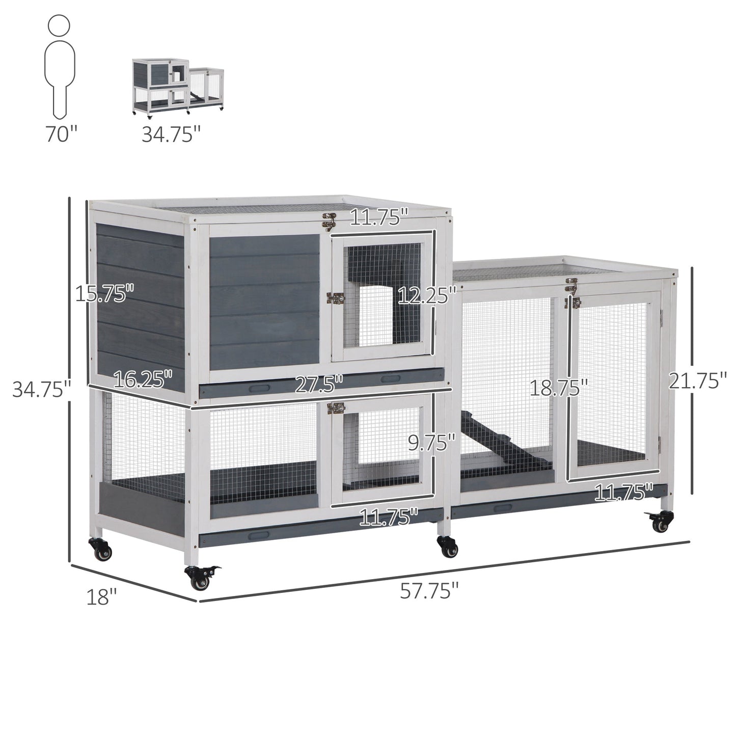 Wooden Rabbit Hutch Elevated Pet House Bunny Cage Small Animal Habitat with Slide-out Tray Lockable Door Openable Top for Indoor 58" x 18" x 35" Grey Rabbit Hutch   at Gallery Canada