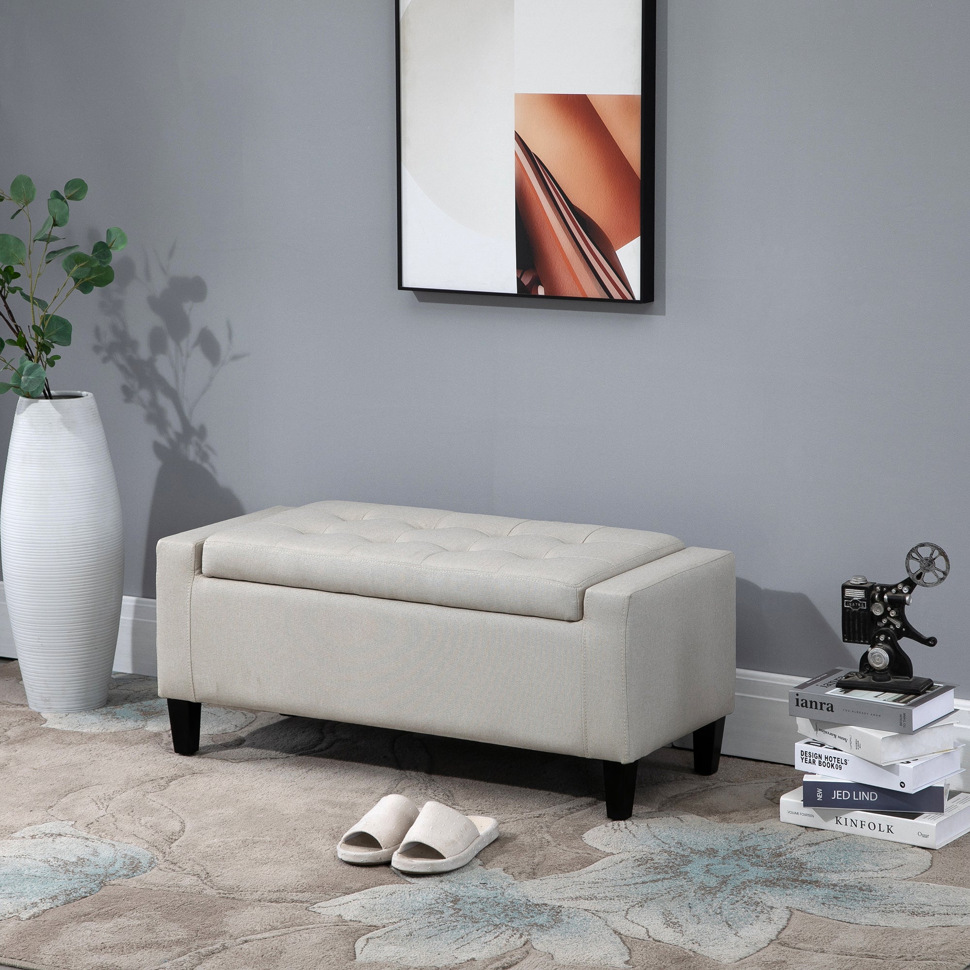 Storage Ottoman Bench Linen-Touch Fabric Tufted Chest Footstool with Flipping Top, Beige Storage Ottomans & Benches at Gallery Canada