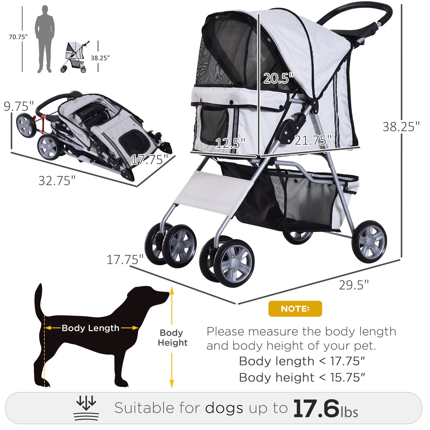 4 Wheel Dog Pet Stroller Dog Cat Carrier Folding Sunshade Canopy with Brake, Grey Dog Bike Trailers & Strollers Grey  at Gallery Canada