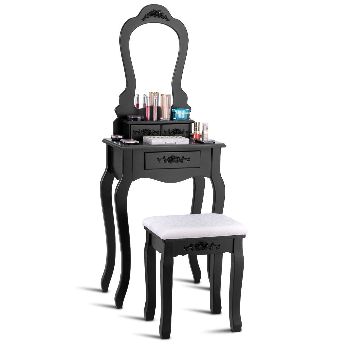 Makeup Dressing Table and Bench 3 Drawers and Cushioned Stool for Girls, Black Makeup Vanities   at Gallery Canada