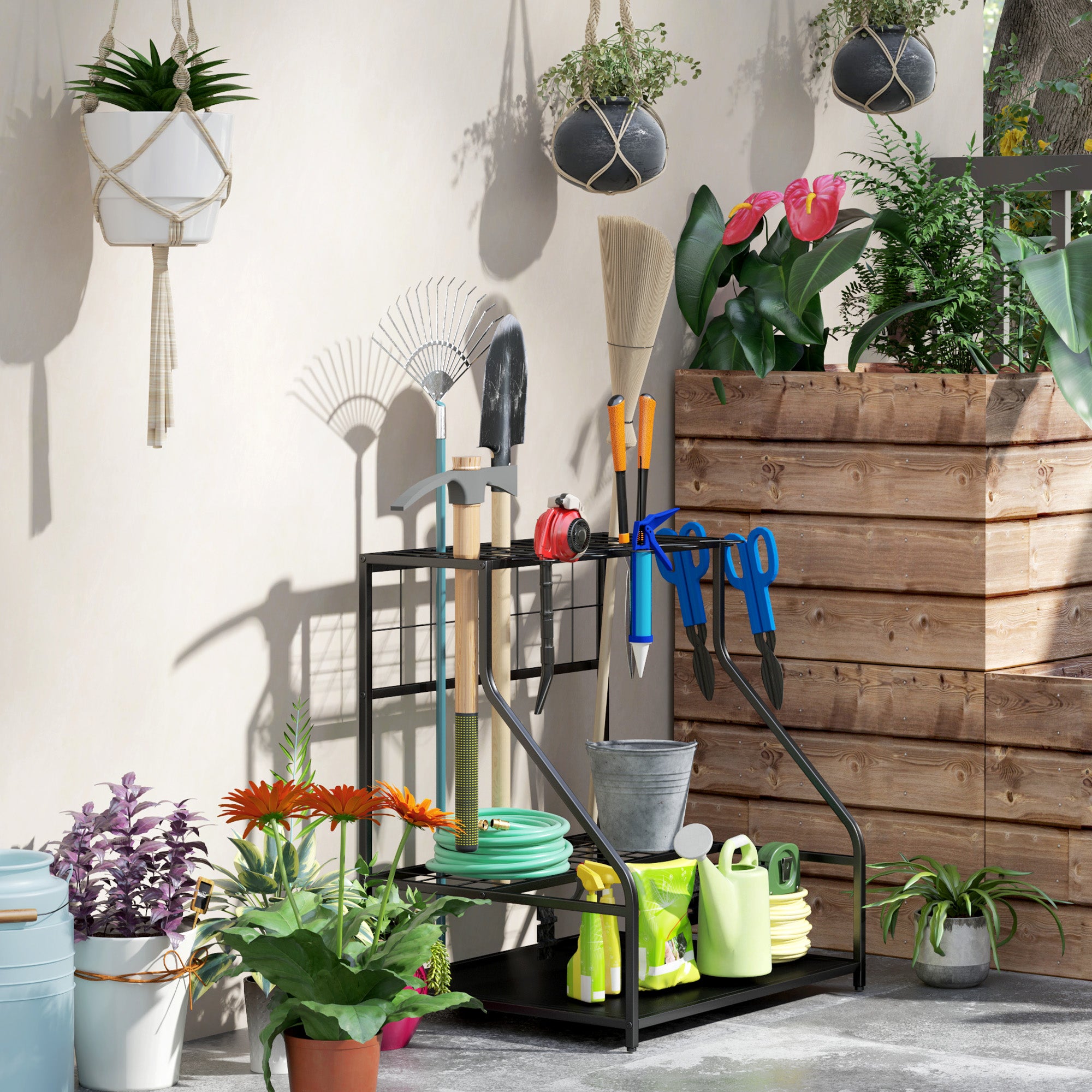 3-Tier Yard Tool Tower Rack, Garden Tool Organizer with Hooks for Long-Handled Rakes, Shovel, Broom, Orange Garden Accessories at Gallery Canada