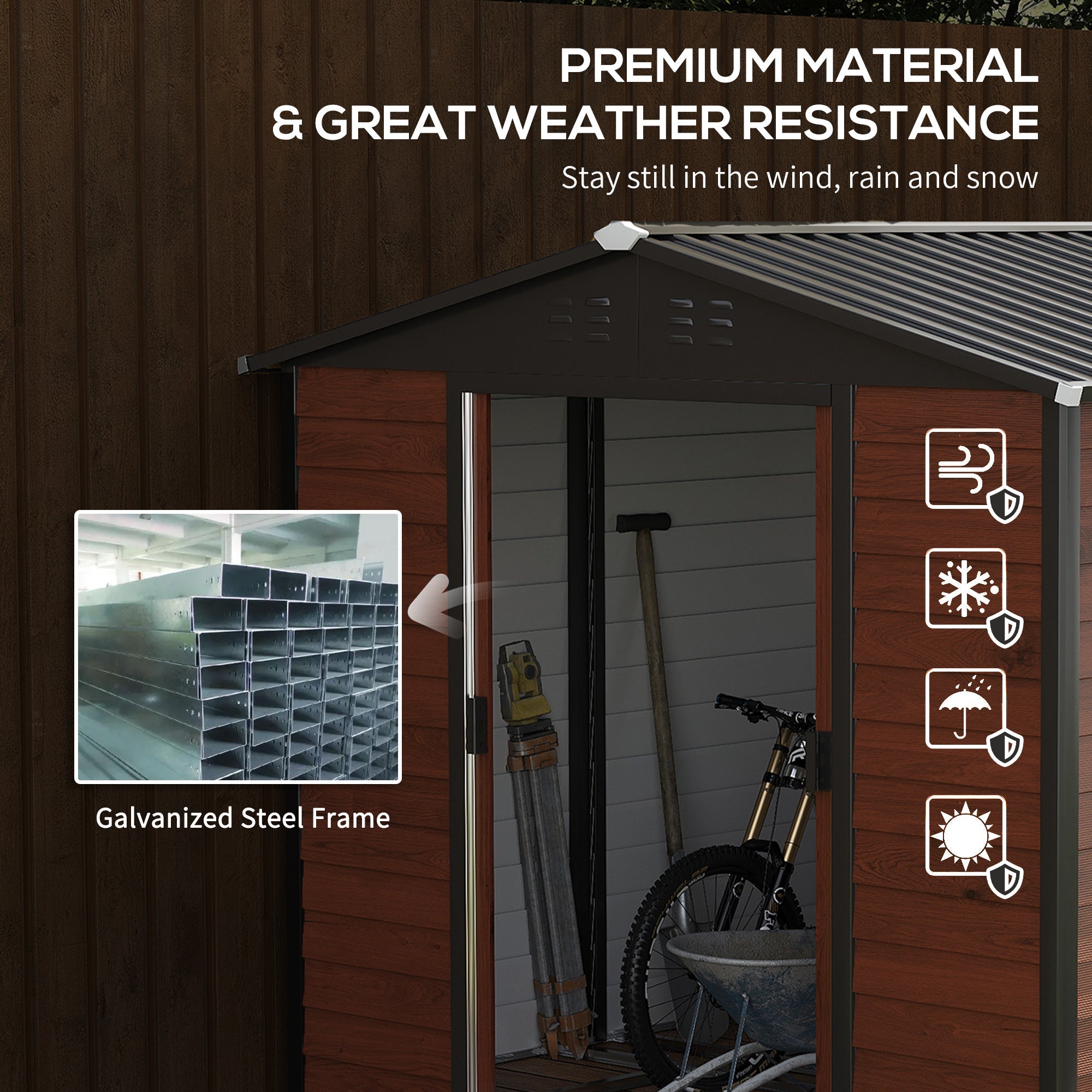 Galvanized Steel 8' x 7' Outdoor Storage Shed with Lockable Doors, Teak Sheds   at Gallery Canada