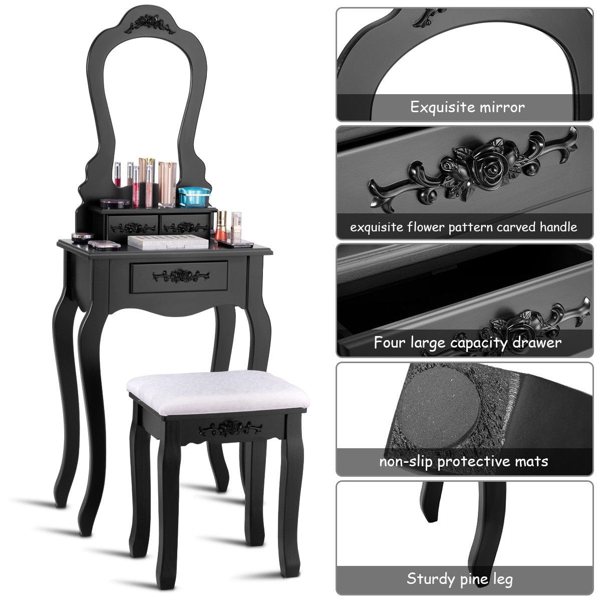 Makeup Dressing Table and Bench 3 Drawers and Cushioned Stool for Girls, Black Makeup Vanities   at Gallery Canada