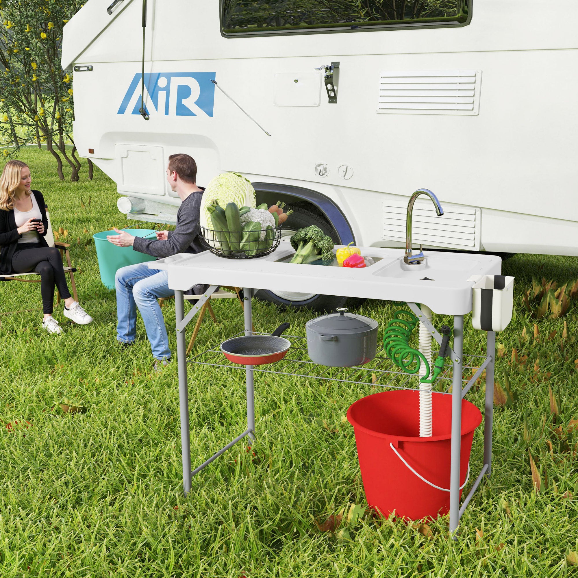 Folding Fish Cleaning Table with Sinks, Camping Sink with Faucet Drainage Hose Sprayer Shelf Drawer Storage Basket, Outdoor Sink Station for Beach Patio Picnic, White Picnic Tables & Camping Chairs at Gallery Canada