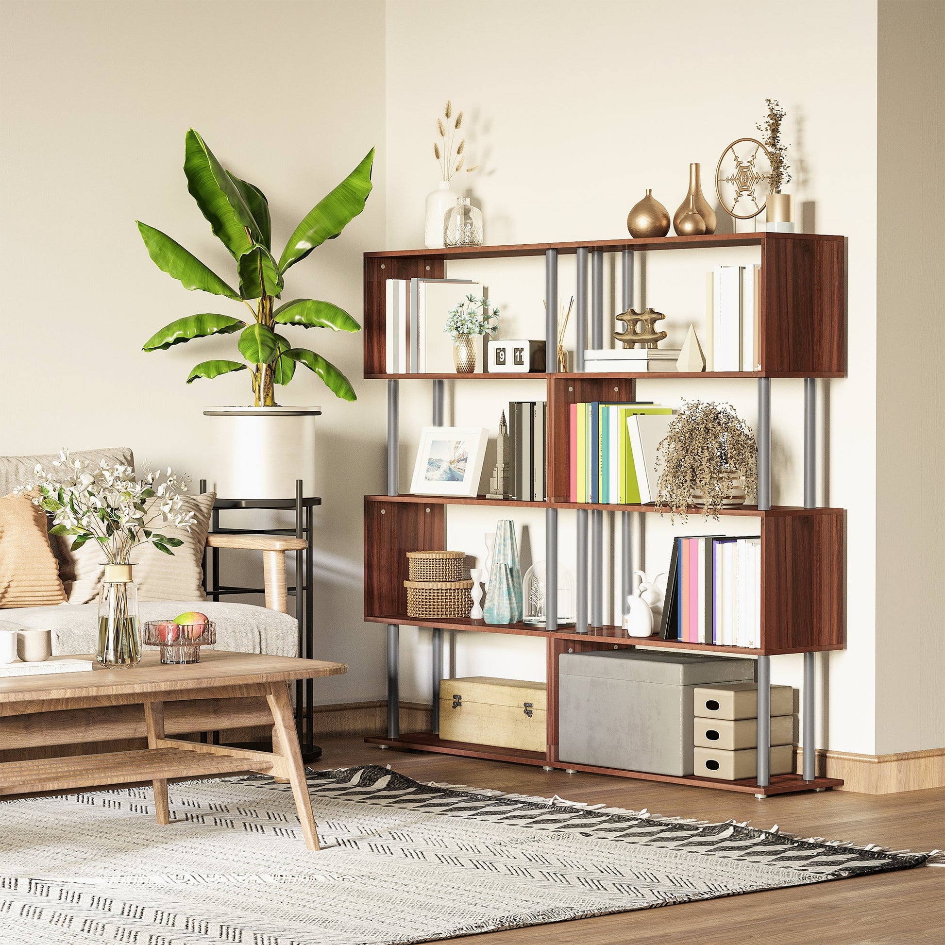 5-Tiers Wooden Bookcase Z-Shape Storage Bookshelf Display with Metal Frame for Living Room, Bedroom, Office, Walnut Display Bookshelves   at Gallery Canada