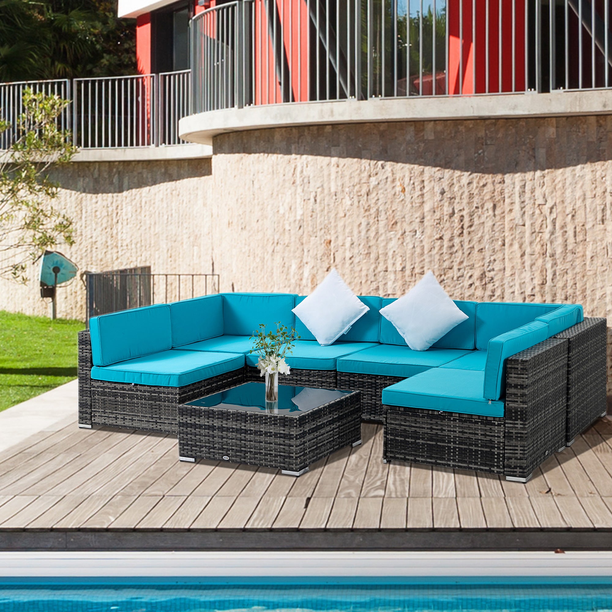 7 Pieces Outdoor Rattan Furniture Set, Patio Wicker Sectional Conversation Sofa Set w/ Cushions &; Coffee Table Patio Furniture Sets at Gallery Canada