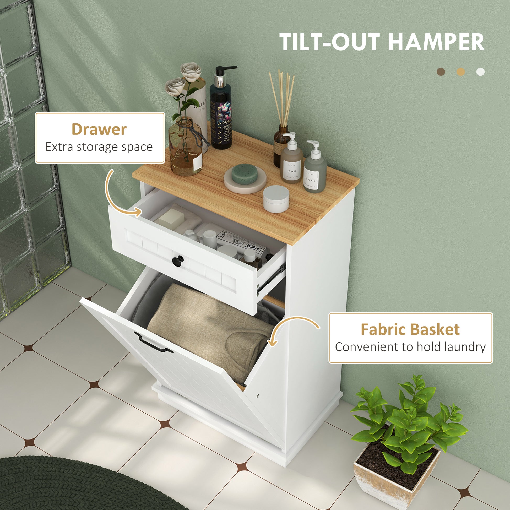 Modern Bathroom Storage Cabinet with Hamper, Fabric Basket and Drawer for Washroom, Laundry Room, White Bathroom Cabinets   at Gallery Canada