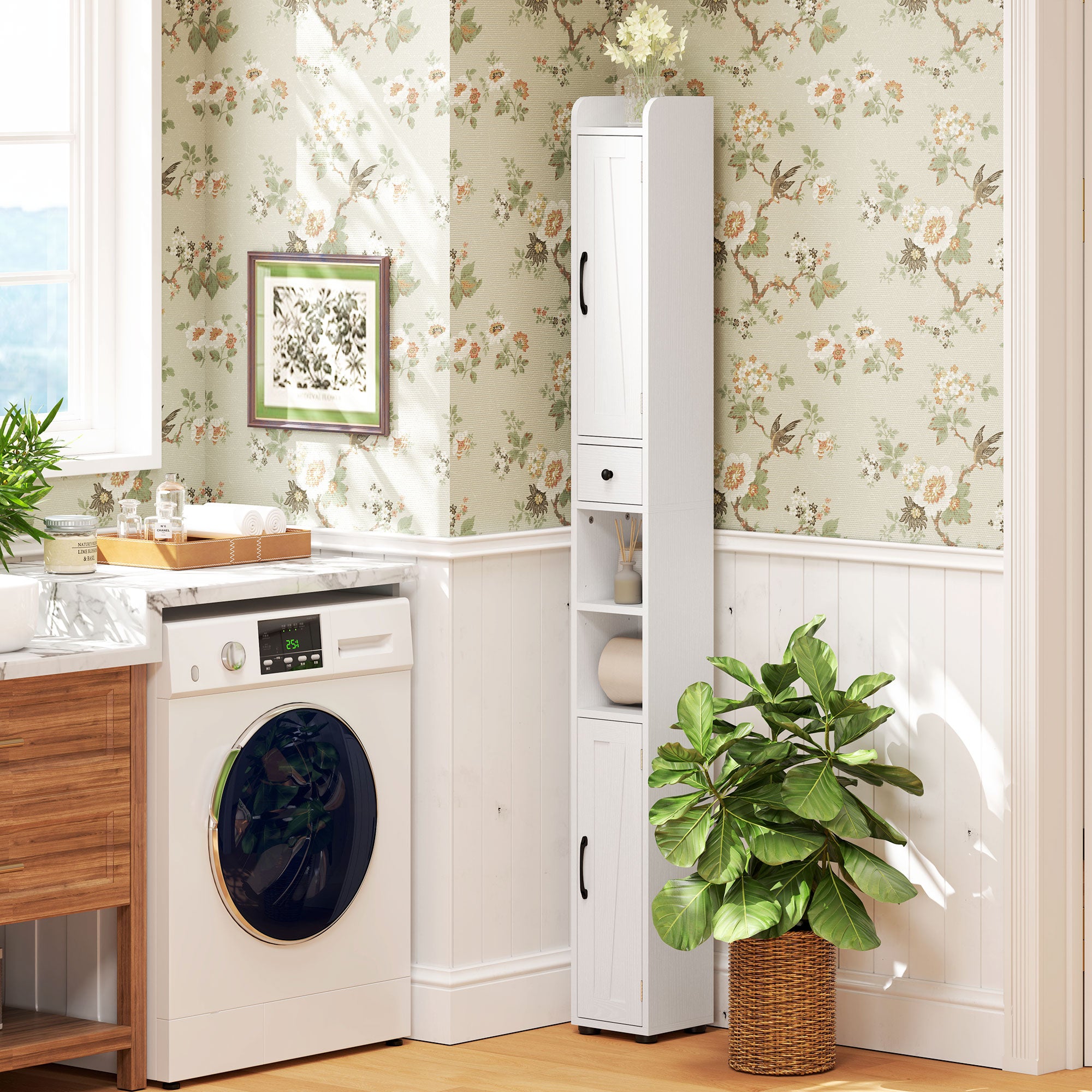 Narrow Bathroom Cabinet, Tall Bathroom Storage Cabinet with Barn Doors, Drawer and Adjustable Shelves, White Wood Grain Bathroom Cabinets at Gallery Canada