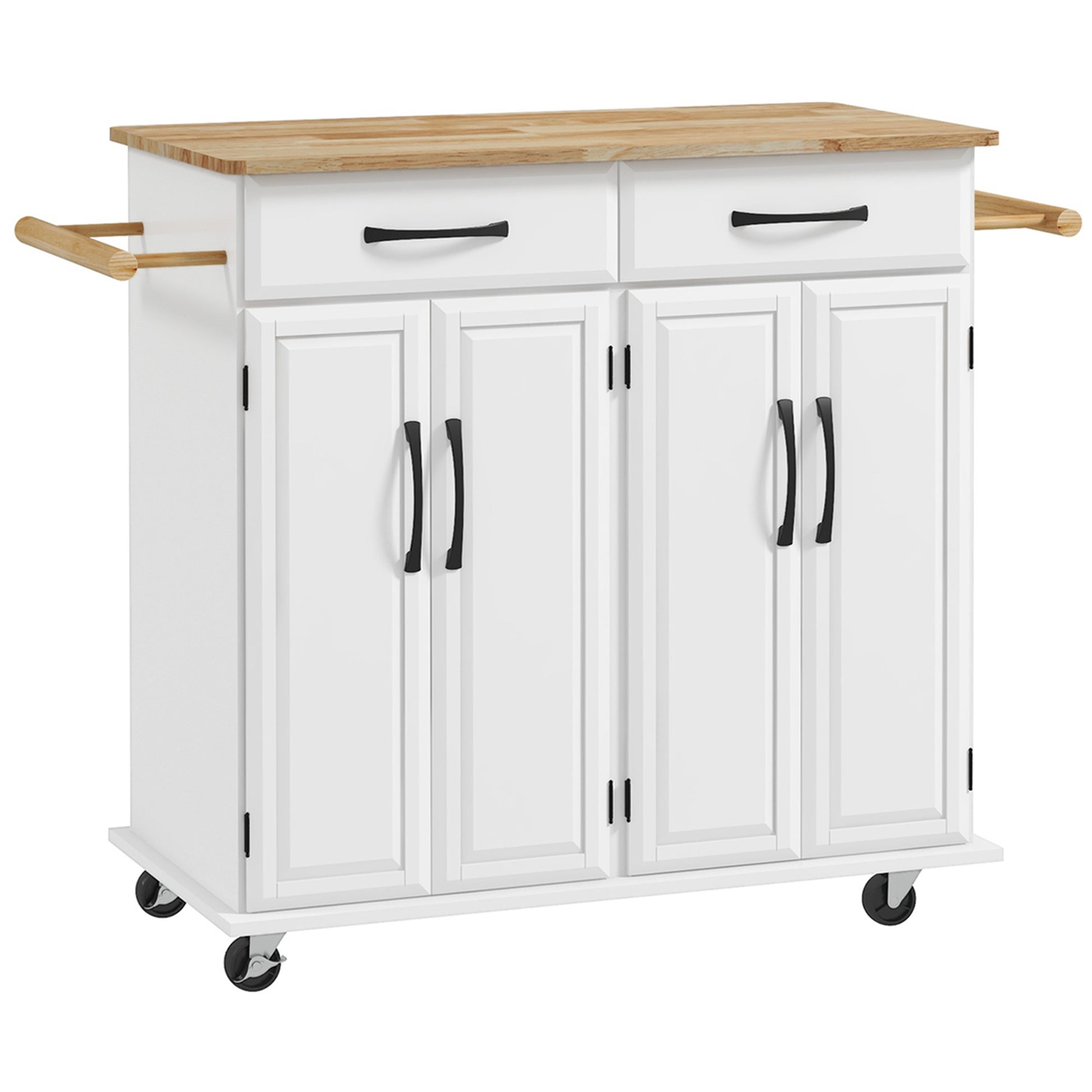 Kitchen Island on Wheels with Rubberwood Top, Rolling Kitchen Cart with 2 Drawers, 4 Doors and Adjustable Shelves Kitchen Islands & Kitchen Carts   at Gallery Canada