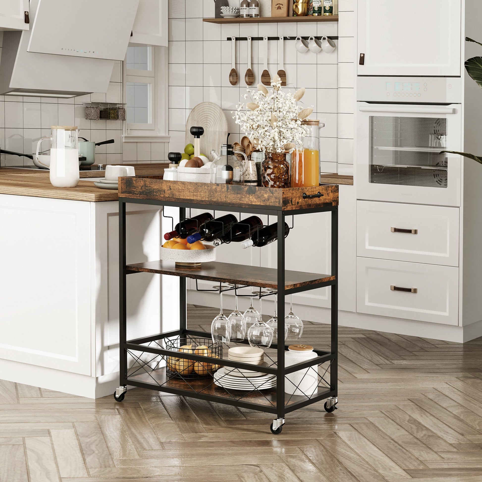 3-Tier Kitchen Cart on Wheels with Removable Tray, Wine Racks, Glass Holders Rustic Brown Kitchen Islands & Kitchen Carts   at Gallery Canada