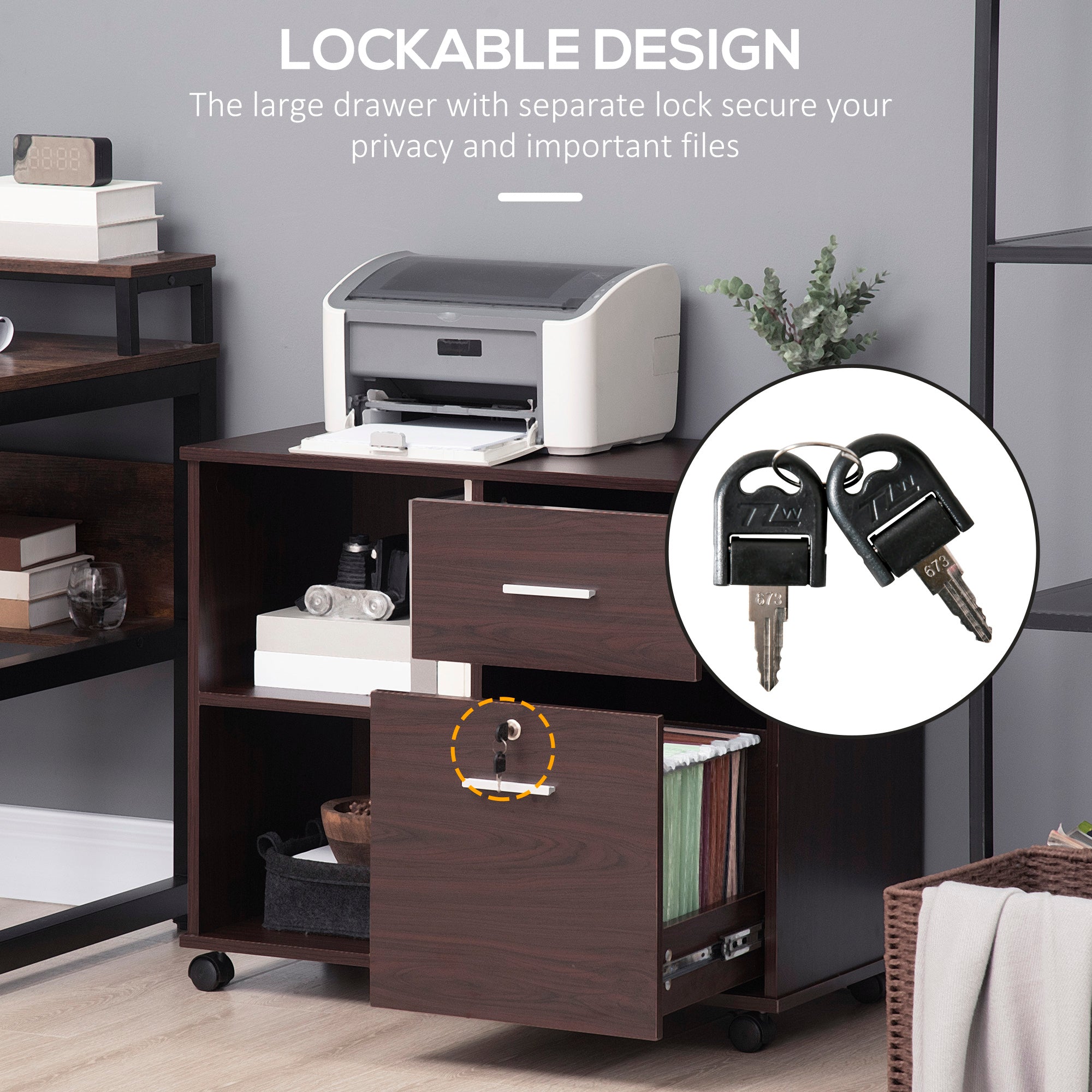 Lateral Filing Cabinet with Wheels, Locking File Cabinet, Mobile Printer Stand with Open Shelves and Drawers for A4 Size Documents, Walnut Office Cabinets & Cupboards at Gallery Canada
