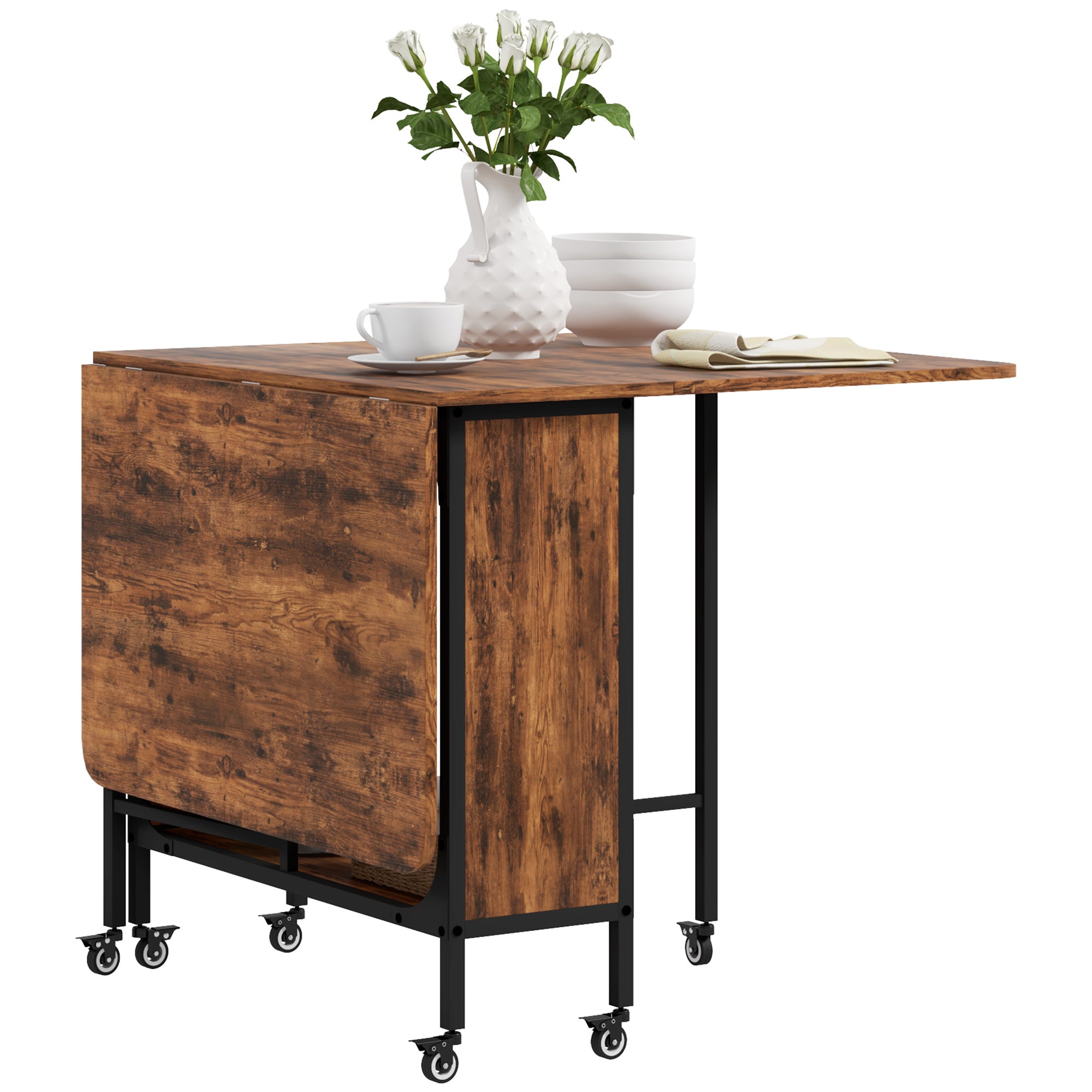 Folding Dining Table, Extendable Kitchen Table for Small Spaces with Storage Shelf and 6 Wheels, Rustic Brown Dining Tables Rustic Brown at Gallery Canada
