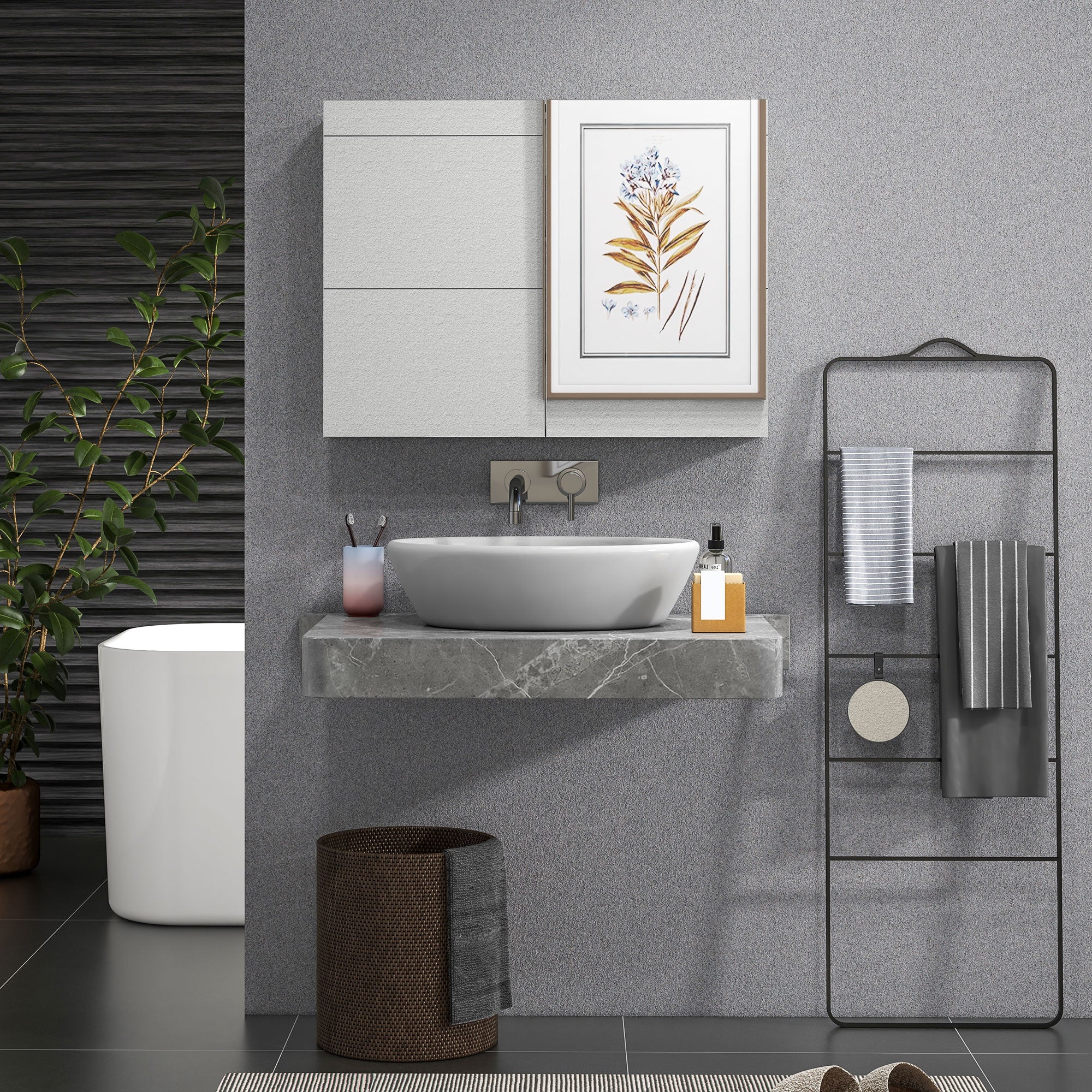 Bathroom Mirror Cabinet, Wall-Mounted Storage Organizer with Double Doors, Adjustable Shelf, Grey Mirror Medicine Cabinets   at Gallery Canada