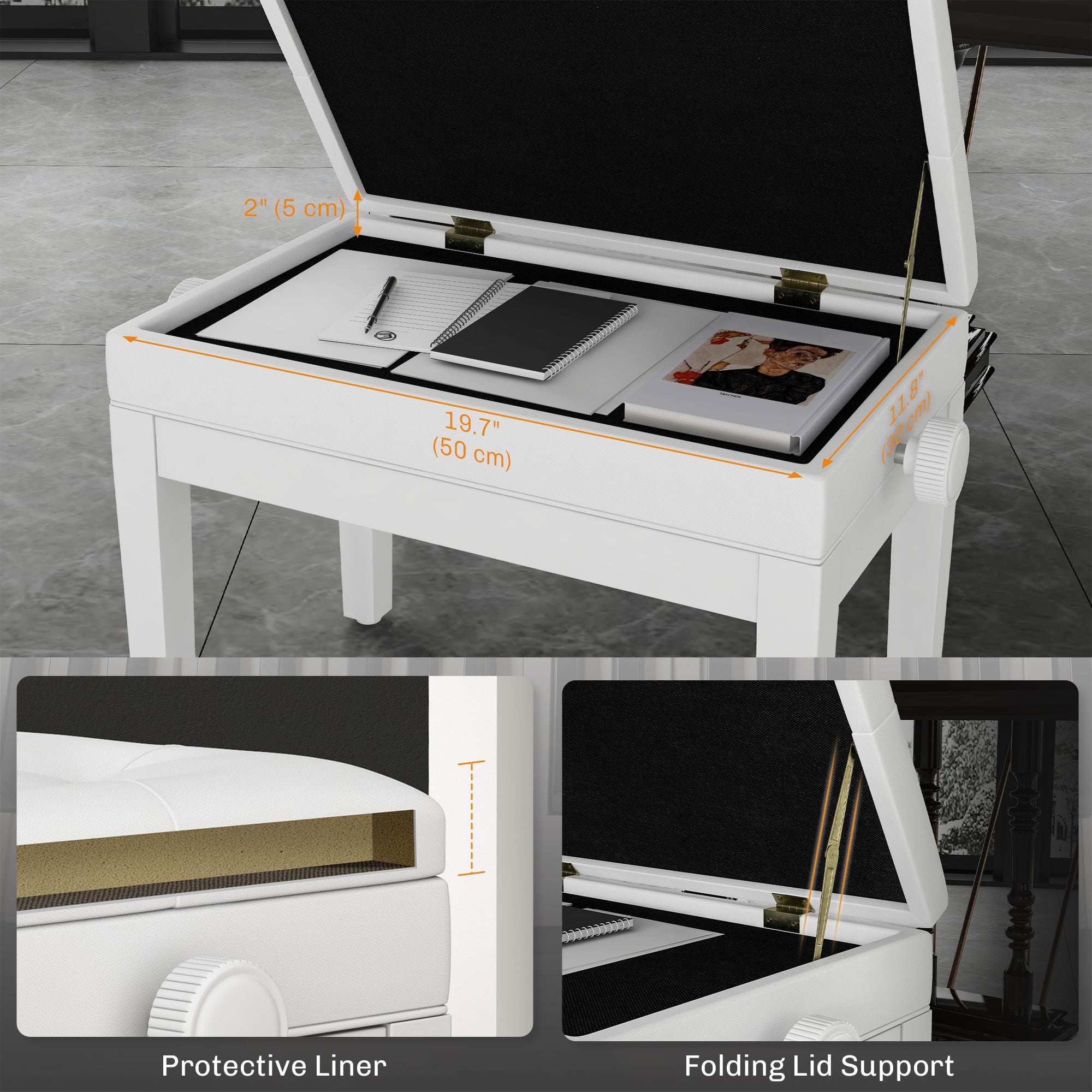 Adjustable Piano Bench with Storage and Soft PU Leather Padded, with Enough Music Storage Design, White Piano Benches at Gallery Canada