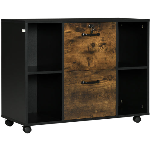 Lateral Filing Cabinet with Wheels and Lockable Drawer, File Cabinet, Mobile Printer Stand with Open Shelves for Letter and A4 Size Documents, Rustic Brown