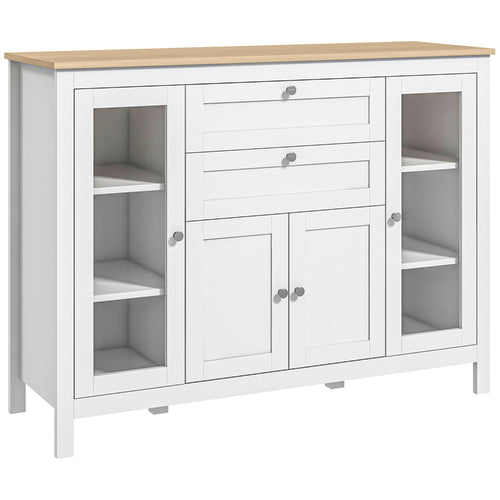 Buffet Cabinet Sideboard with 2 Drawers, 3 Storage Cabinets, Glass Doors and Adjustable Shelves, White