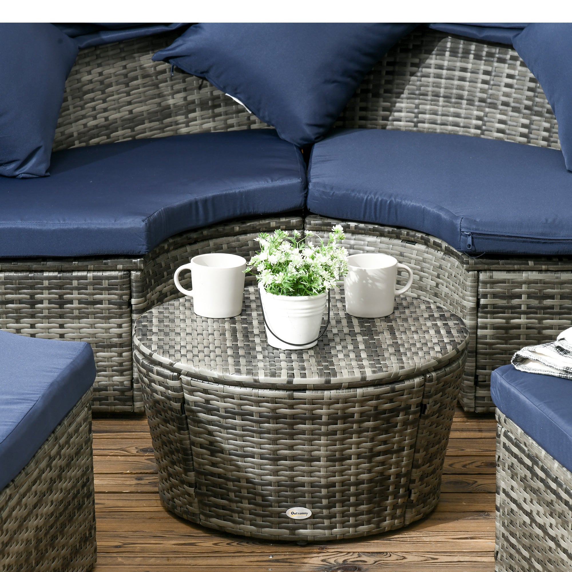 PE Rattan Wicker Outdoor Daybed with Retractable Canopy, Cushions, Dark Blue Daybeds   at Gallery Canada