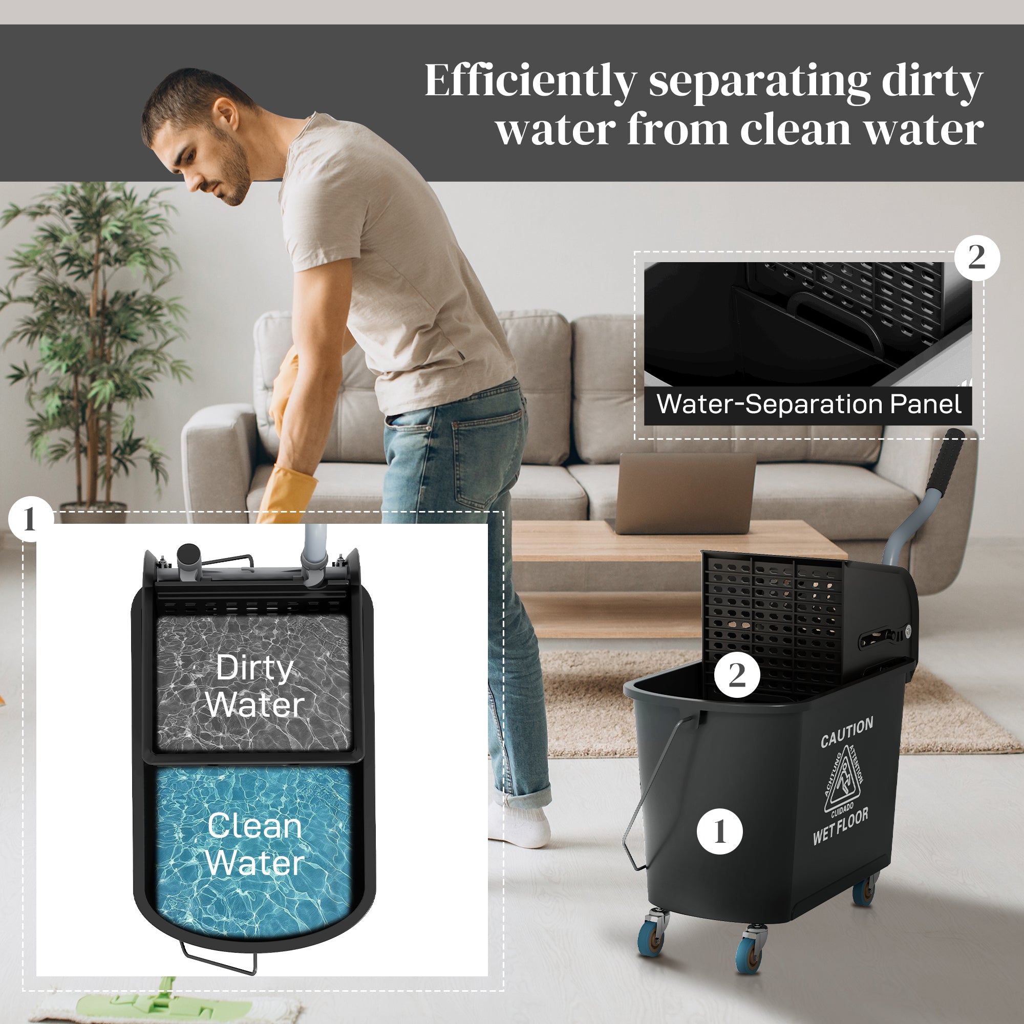 Mop Bucket with Wringer, Mop Bucket on Wheels for Floor Cleaning, 5 Gallon, Separate Dirty and Clean Water, Black Household Supplies at Gallery Canada