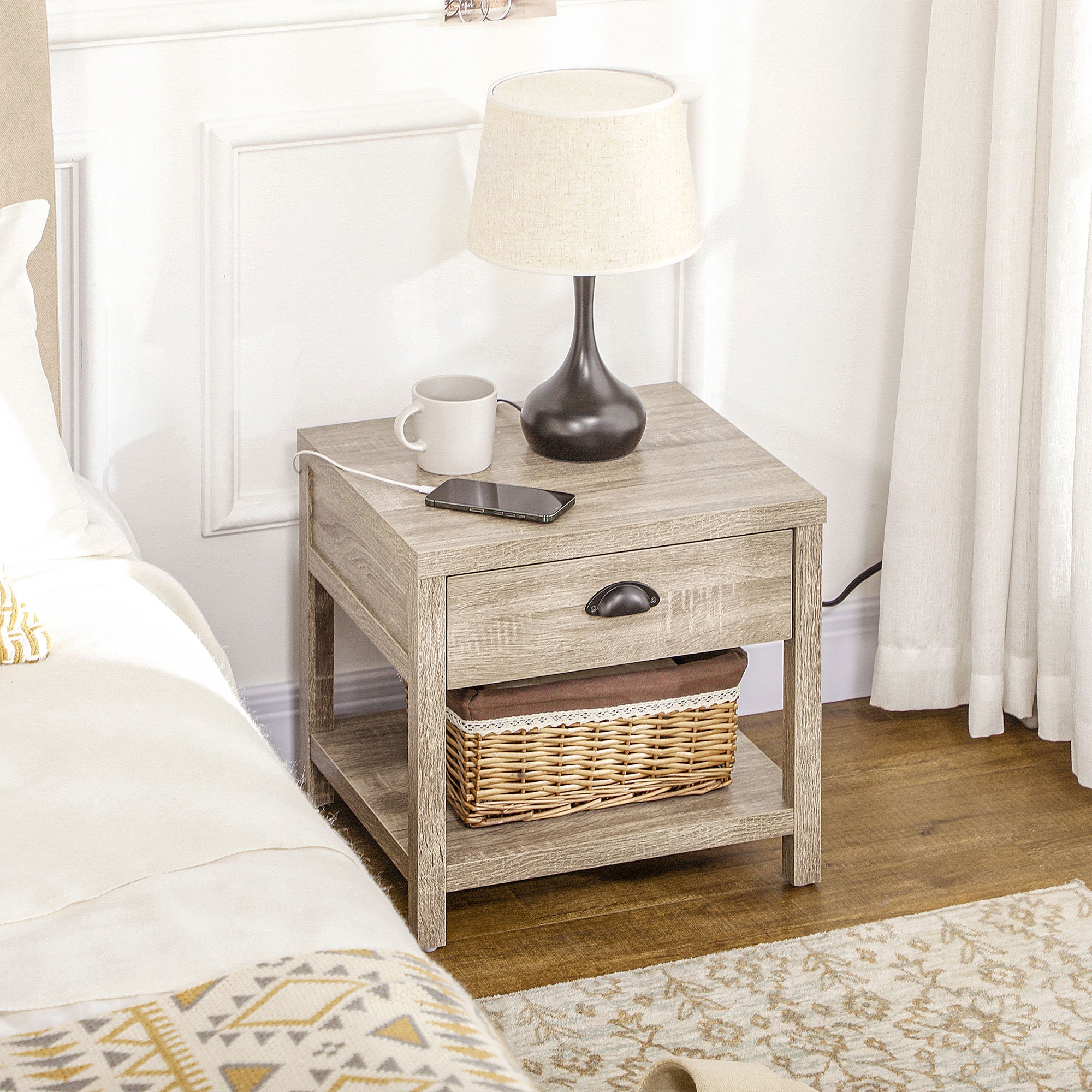 Bedside Table, Side End Table with Charging Station, Drawer and Shelf for Bedroom, 17.7