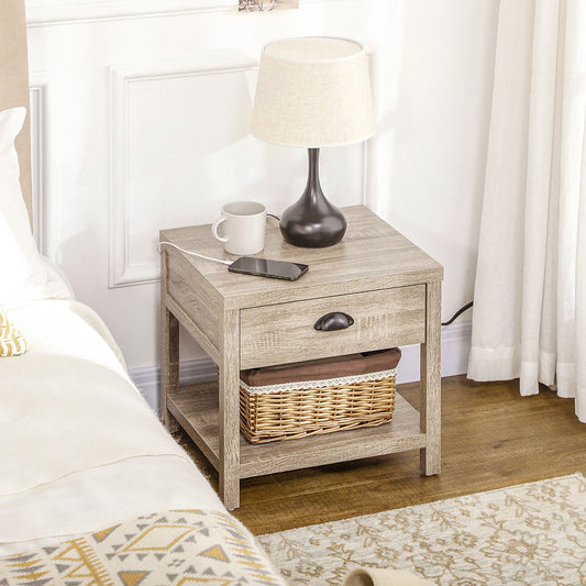 Bedside Table, Side End Table with Charging Station, Drawer and Shelf for Bedroom, 17.7" x 15.7" x 18.1", Oak Tone - Gallery Canada