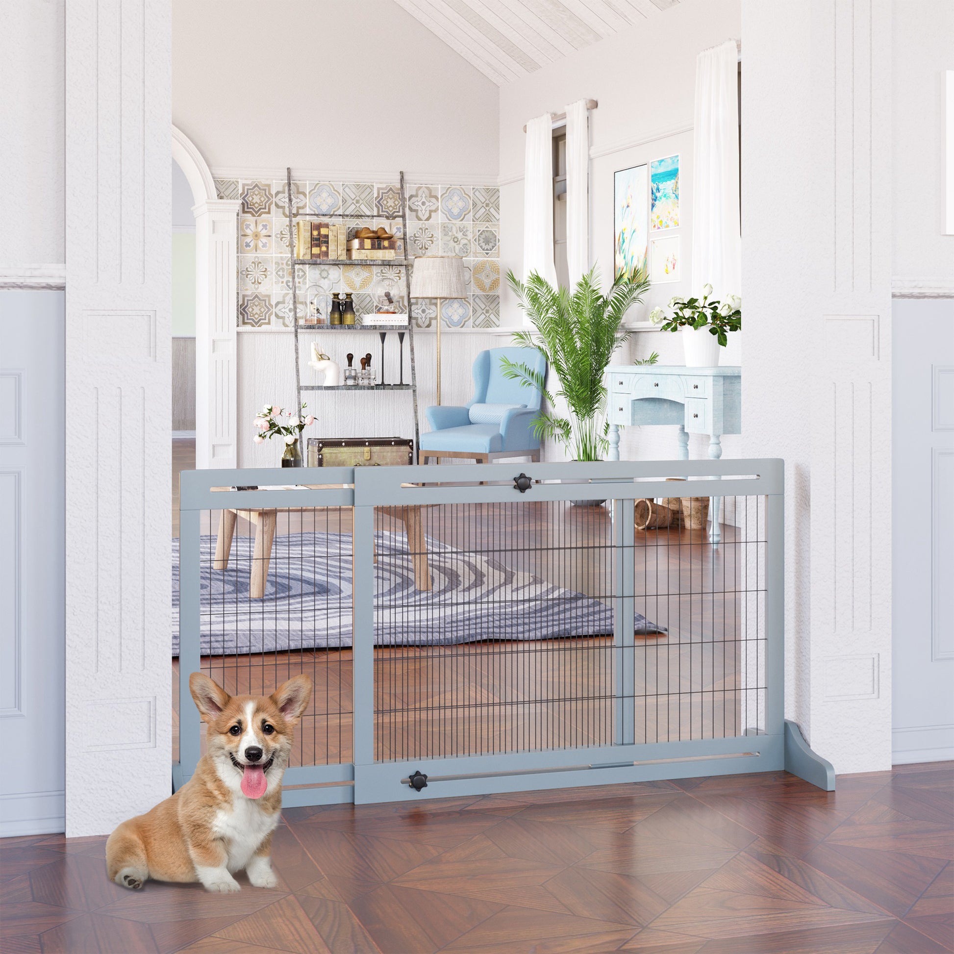 41"-72" Wooden Freestanding Pet Gate with Support Feet, for Small Medium Dogs, Grey Houses, Kennels & Pens   at Gallery Canada