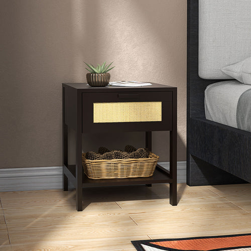 Modern Bedside Table, Accent Nightstand with Drawer and Open Shelf, Bed End Table for Bedroom, Living Room, Black