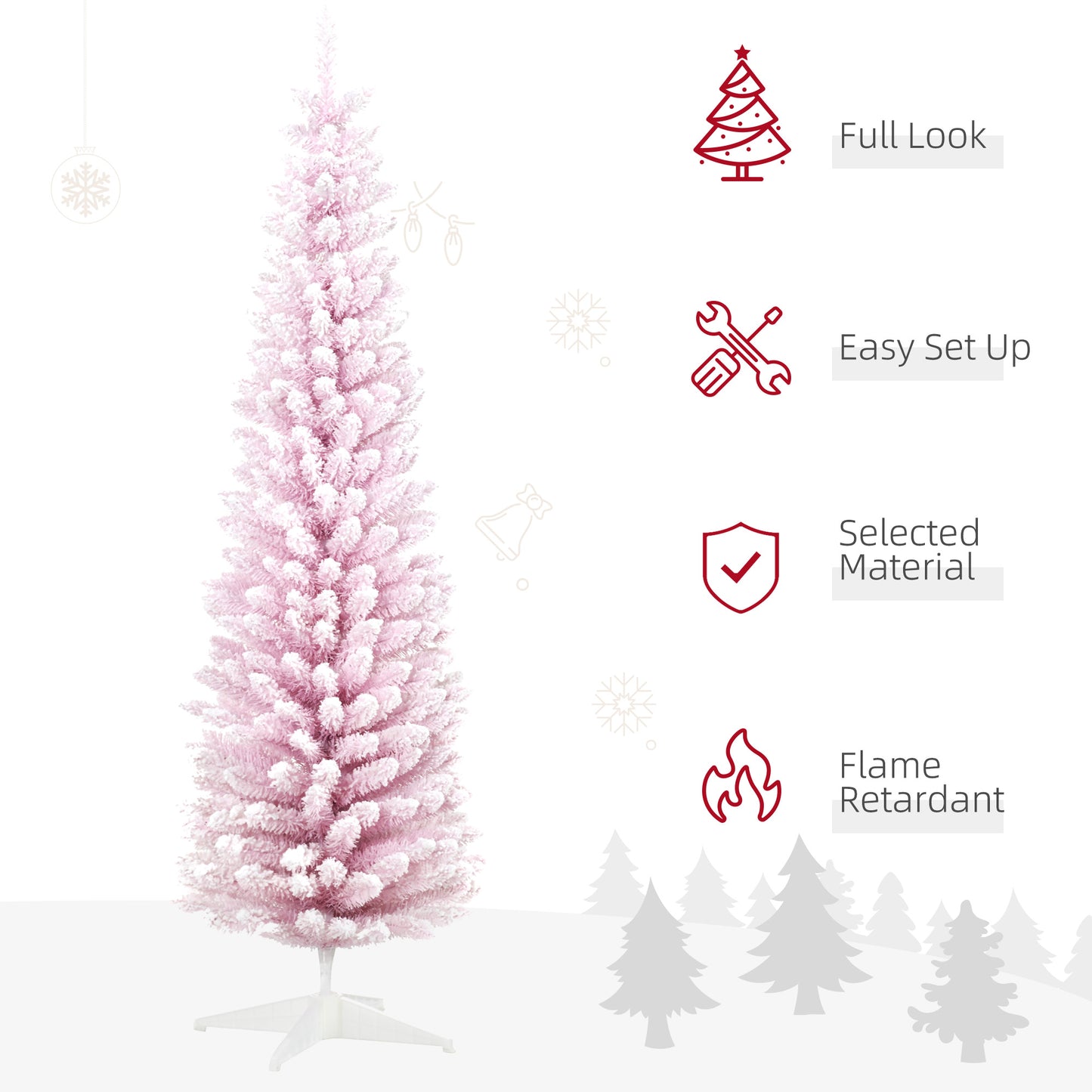 6ft Flocked Christmas Tree, Pencil Artificial Christmas Tree with Realistic Branches, Pink Pencil Christmas Trees   at Gallery Canada