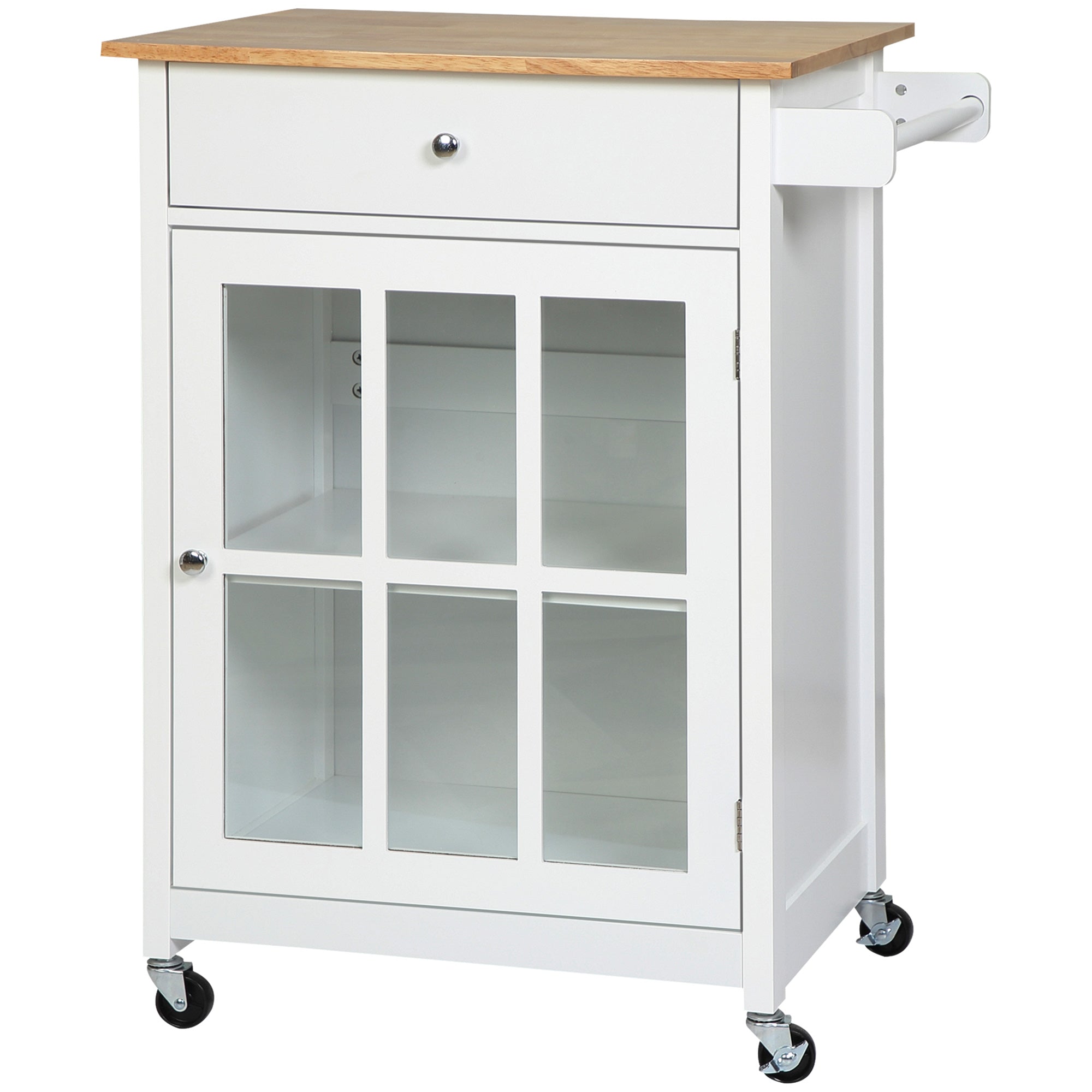 Rolling Kitchen Cart with Drawer and Glass Door Cabinet, Kitchen Island on Wheels with Towel Rack, White Kitchen Islands & Kitchen Carts White and Oak  at Gallery Canada