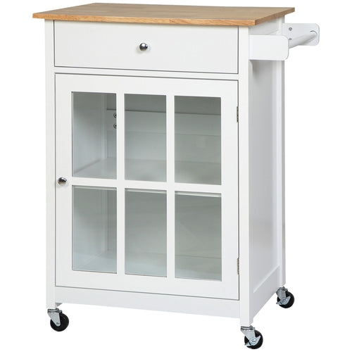 Rolling Kitchen Cart with Drawer and Glass Door Cabinet, Kitchen Island on Wheels with Towel Rack, White