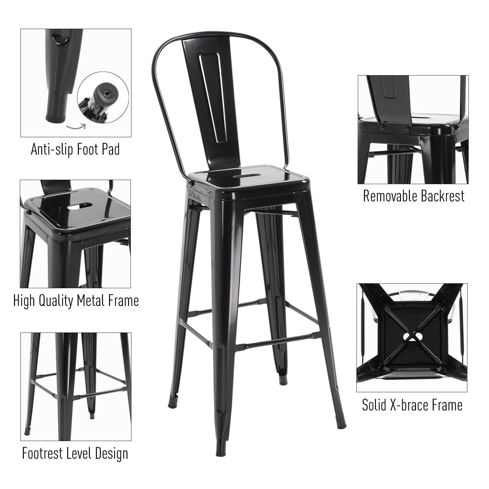 Set of 4 Bar Stools Kitchen Industrial Breakfast Bistro Cafe Metal Frame Black Bar Stools   at Gallery Canada