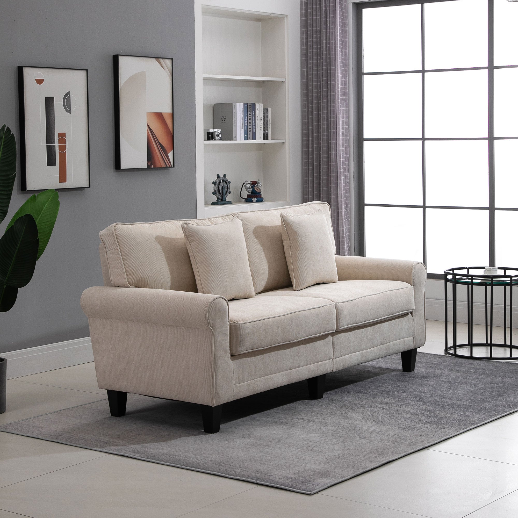 Modern 3 Seater Sofa, Corduroy Fabric 3 Seater Couch with Pine Wood Legs and Rolled Armrests for Living Room, Beige 3-Seater Sofas   at Gallery Canada