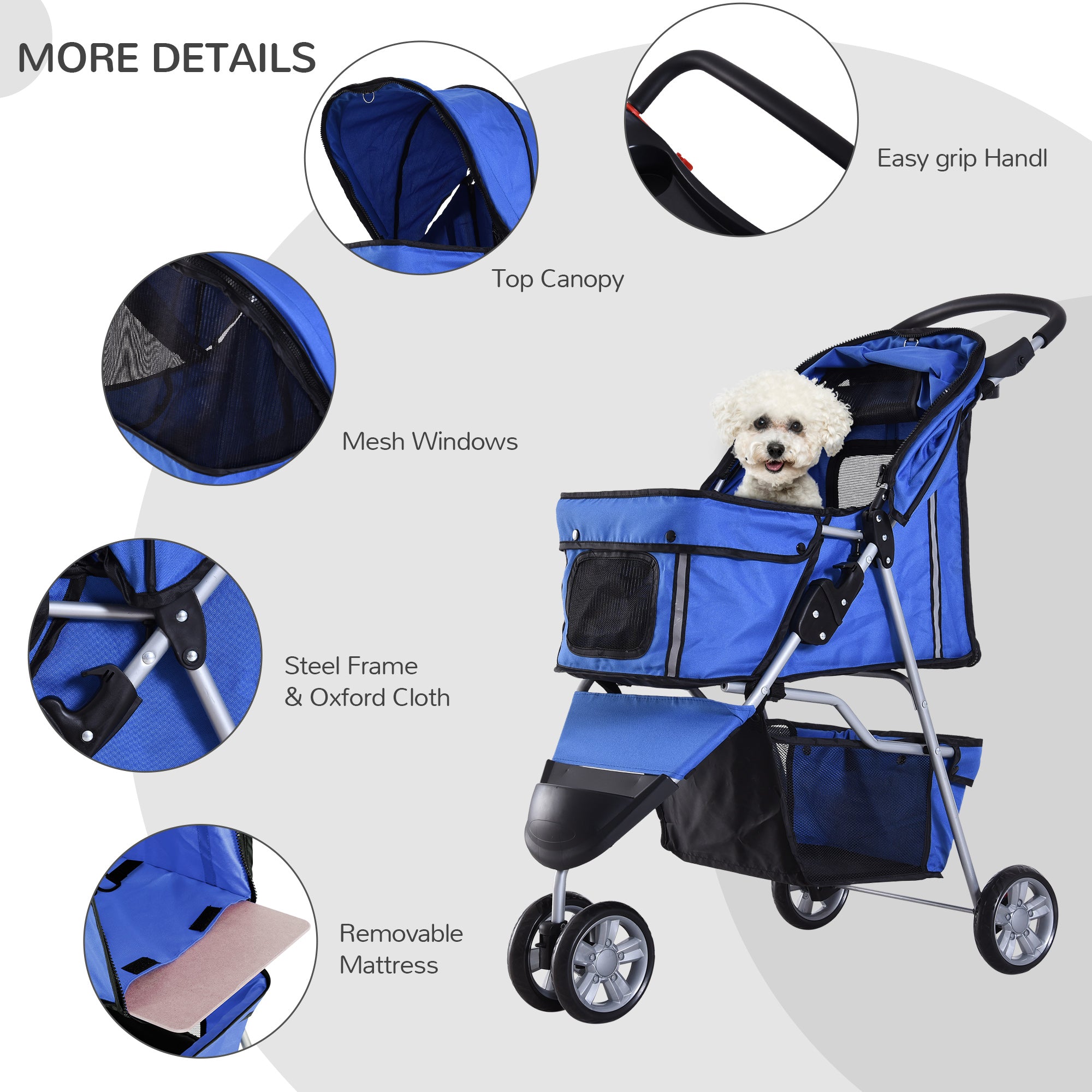 3 Wheels Foldable Dog Stroller with Storage Basket, Adjustable Canopy, Cupholder for Miniature and Small Dogs, Blue Dog Bike Trailers & Strollers at Gallery Canada