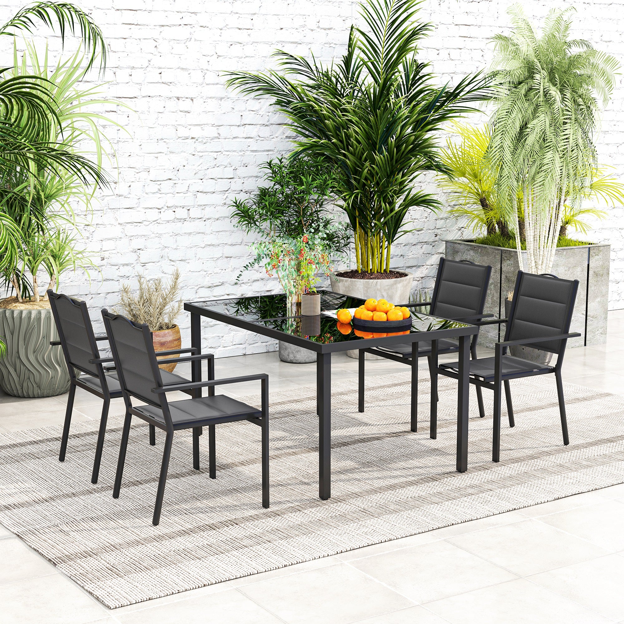 5 Piece Outdoor Dining Set w/ 4 Stackable Chairs, Rectangle Table, Tempered Glass Top, Steel Frame, Black Outdoor Dining Sets at Gallery Canada