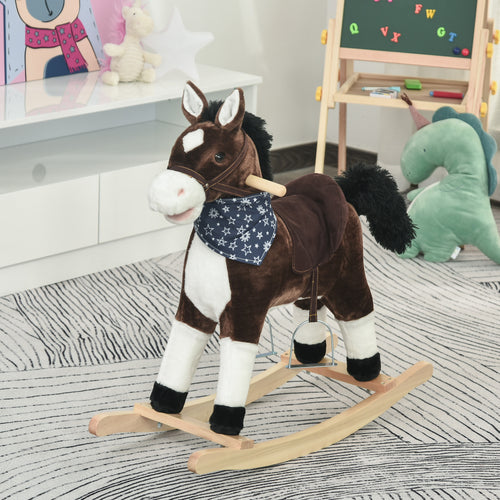 Kids Plush Ride-On Rocking Horse Toy Cowboy Rocker with Fun Realistic Sounds for Child 3-6 Years Old, Brown