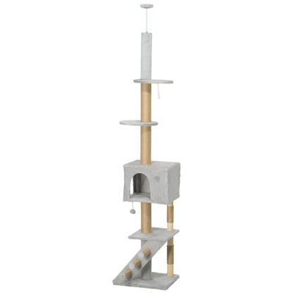 89"-104" Floor to Ceiling Cat Tree w/ Scratching Post, Cat House, 3-Steps, Hanging Ball, Perches, Light Grey Floor to Ceiling Cat Trees   at Gallery Canada