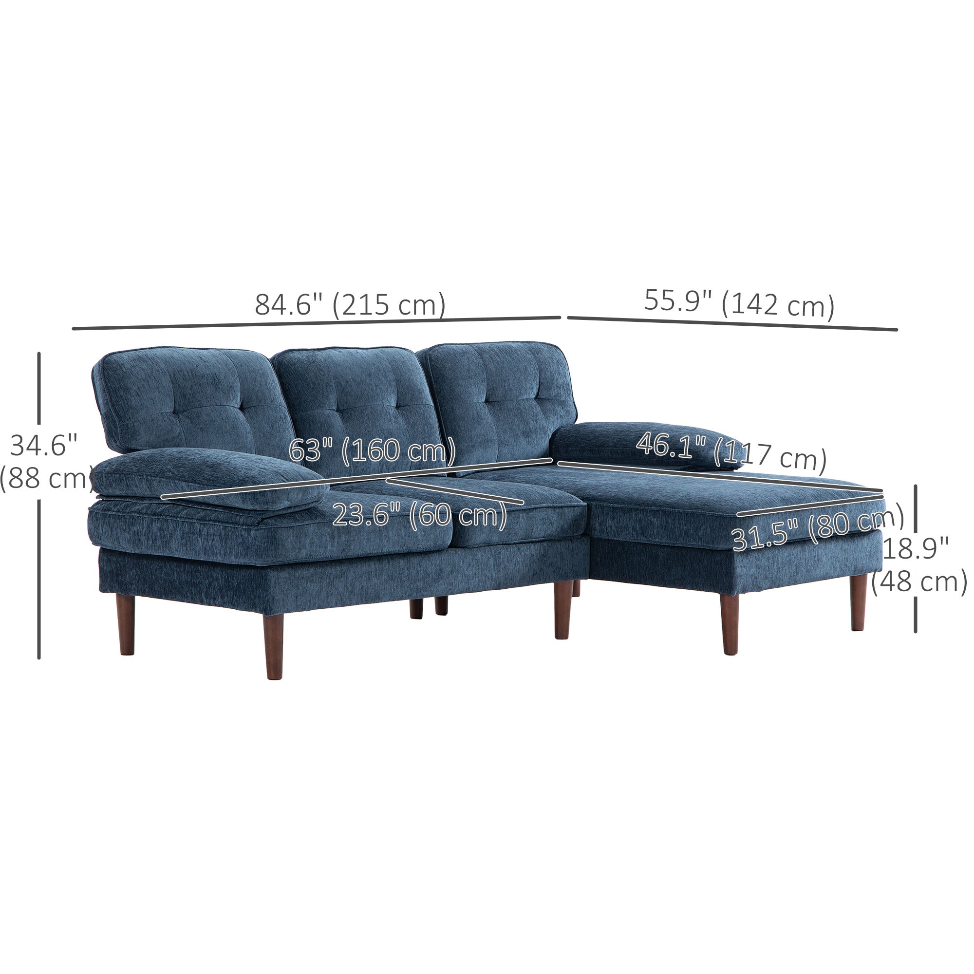 Modern Corner Couch with Right Chaise Lounge, Tufted 3-Seater Sofa with Wooden Legs for Living Room, Bedroom, Navy Blue 3-Seater Sofas at Gallery Canada