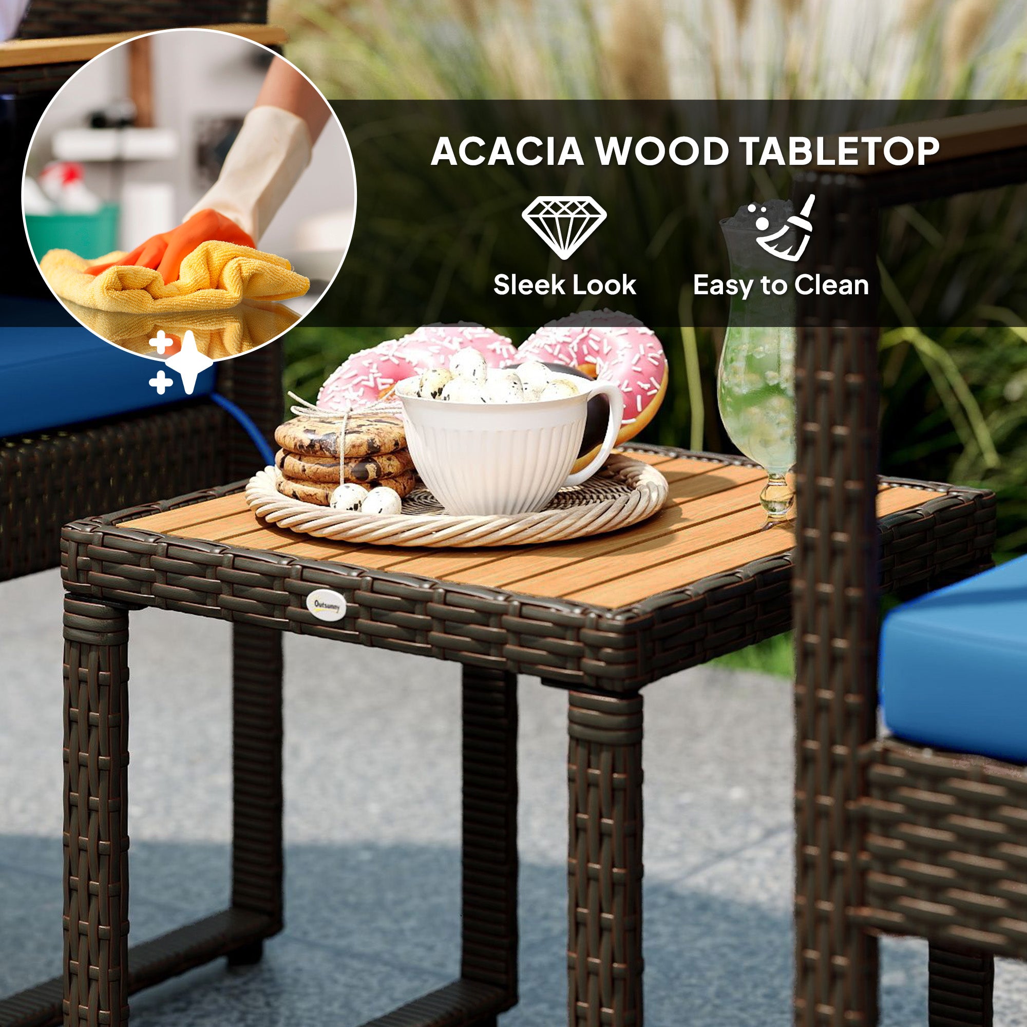 3 Pieces Wicker Patio Furniture Set, Rattan Bistro Set w/ Acacia Wood Table &; Removable Cushions, Dark Blue Bistro Sets at Gallery Canada