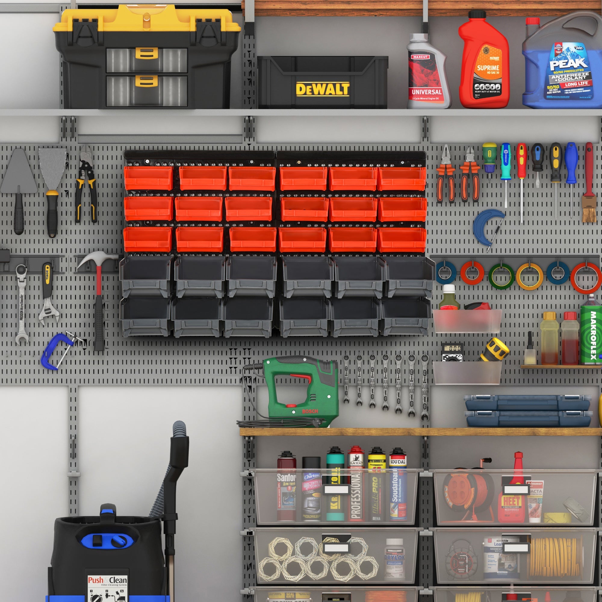 Wall Mounted Storage Bin Rack Tool Organizer with 30 Bins, Pegboard for Garage Workshops Red Tool Organizers   at Gallery Canada