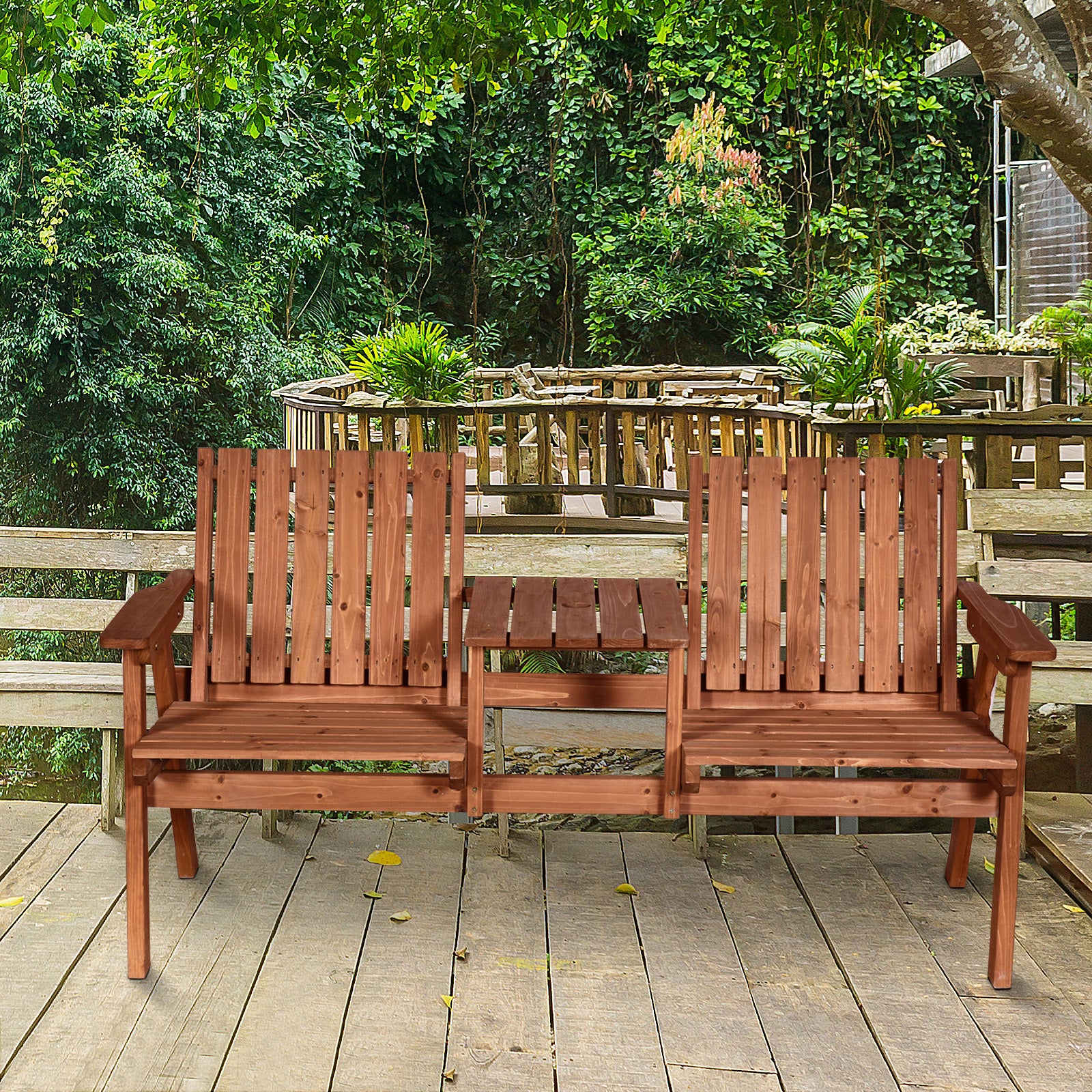 Garden Bench for 2 Persons with Middle Table and Umbrella Hole, 2-Seater Outdoor Wooden Bench with Slat Design, Orange Outdoor Benches at Gallery Canada