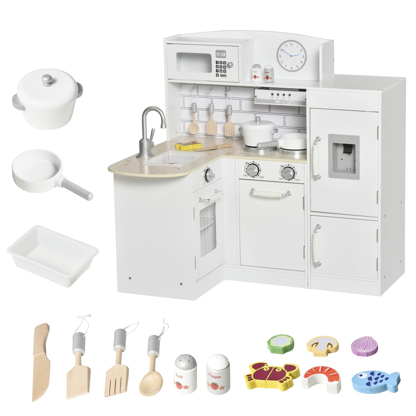 Toy Cooking Set White Kids Kitchen Play Set with Drinking Fountain, Microwave, and Fridge with Accessories White Play Kitchen Multi Colour  at Gallery Canada