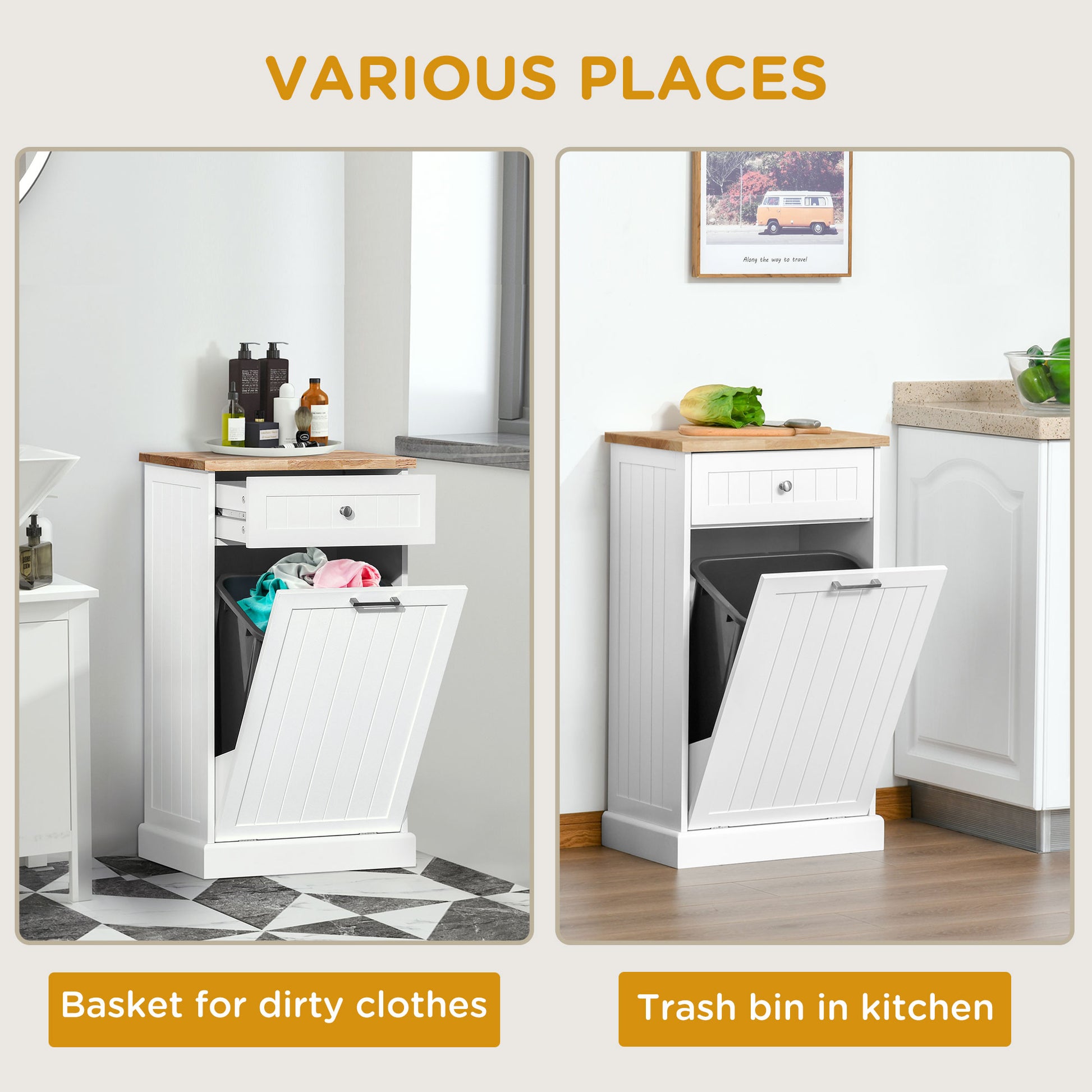 Kitchen Tilt Out Trash Bin Cabinet, Free Standing Recycling Cabinet, Trash Can Holder with Drawer, White Storage Cabinets   at Gallery Canada