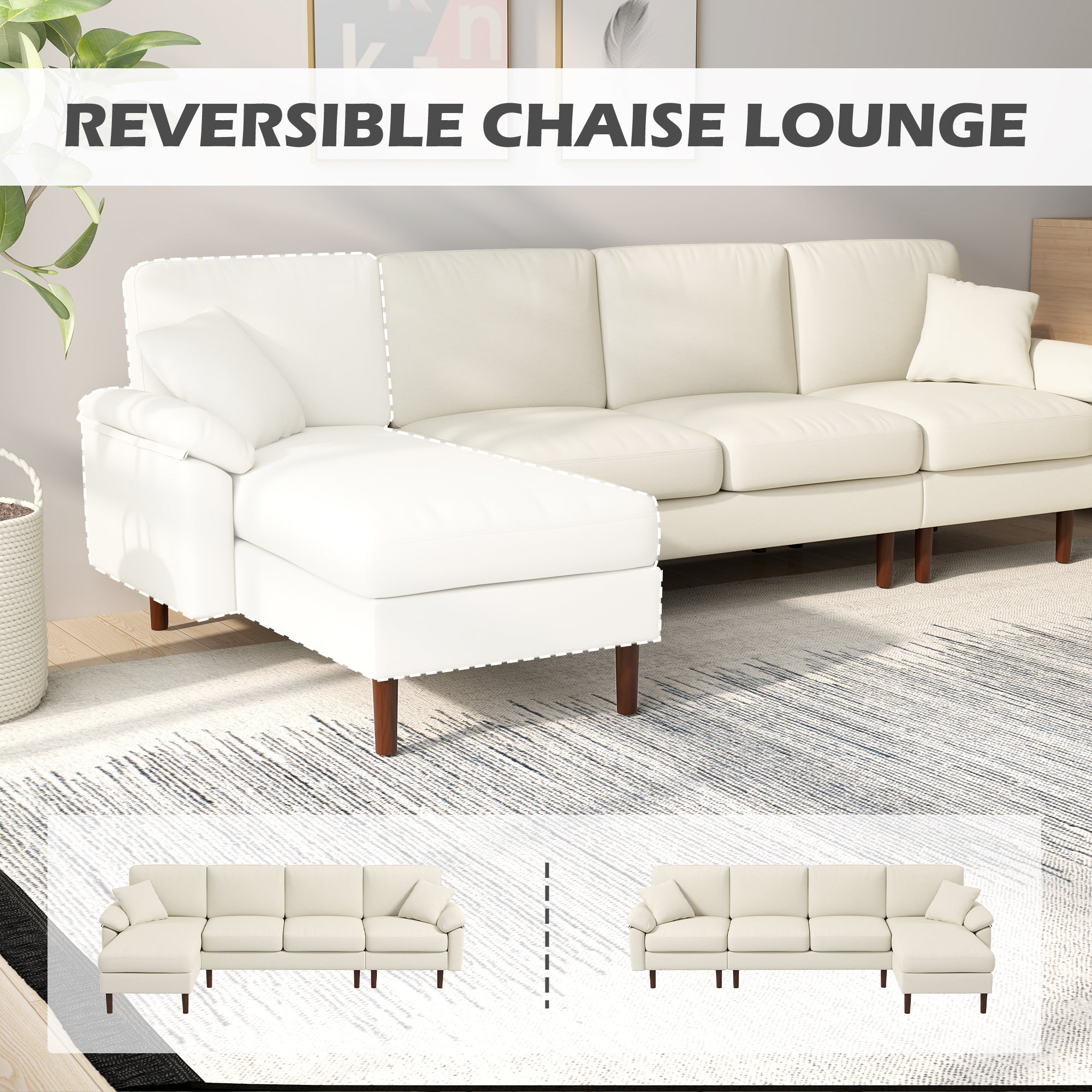L-Shape Sofa, Modern Sectional Couch with Changeable Chaise Lounge, Pillows and Wooden Legs for Living Room, Cream White 3-Seater Sofas at Gallery Canada