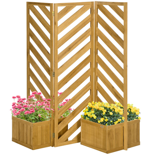 Freestanding Outdoor Privacy Screen with 4 Self-Draining Raised Garden Beds, 3 Hinged Privacy Panels and for Hot Tub, Pool, Patio, Backyard, Deck, Brown
