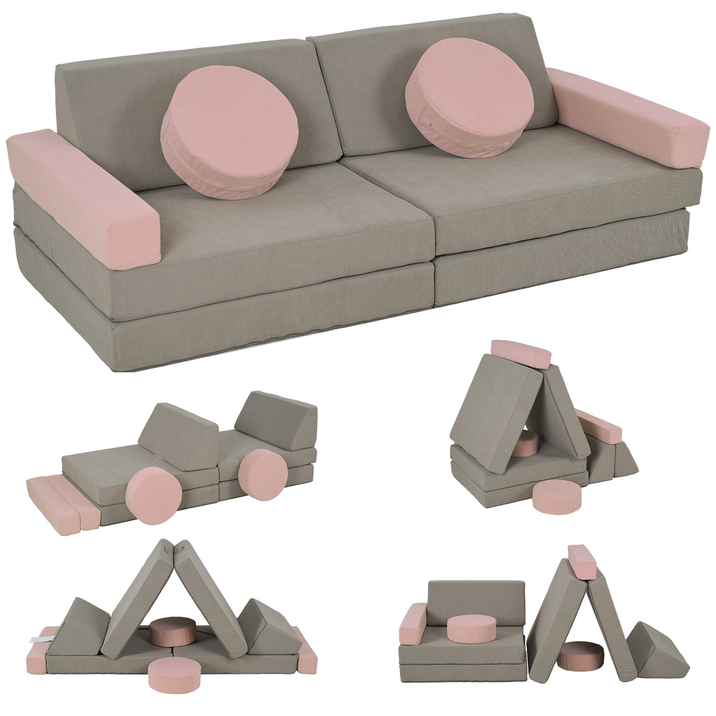 12-Piece Modular Kids Play Couch Building Fort for Playroom Bedroom, Convertible Kids Sofa, Grey Kids Chairs & Seating   at Gallery Canada