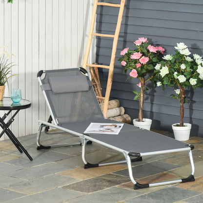 Folding Lounge Chair, Patio Lounger with Headrest, 5-Level Adjustable Backrest, and Aluminum Frame, Grey Lounger Chairs   at Gallery Canada