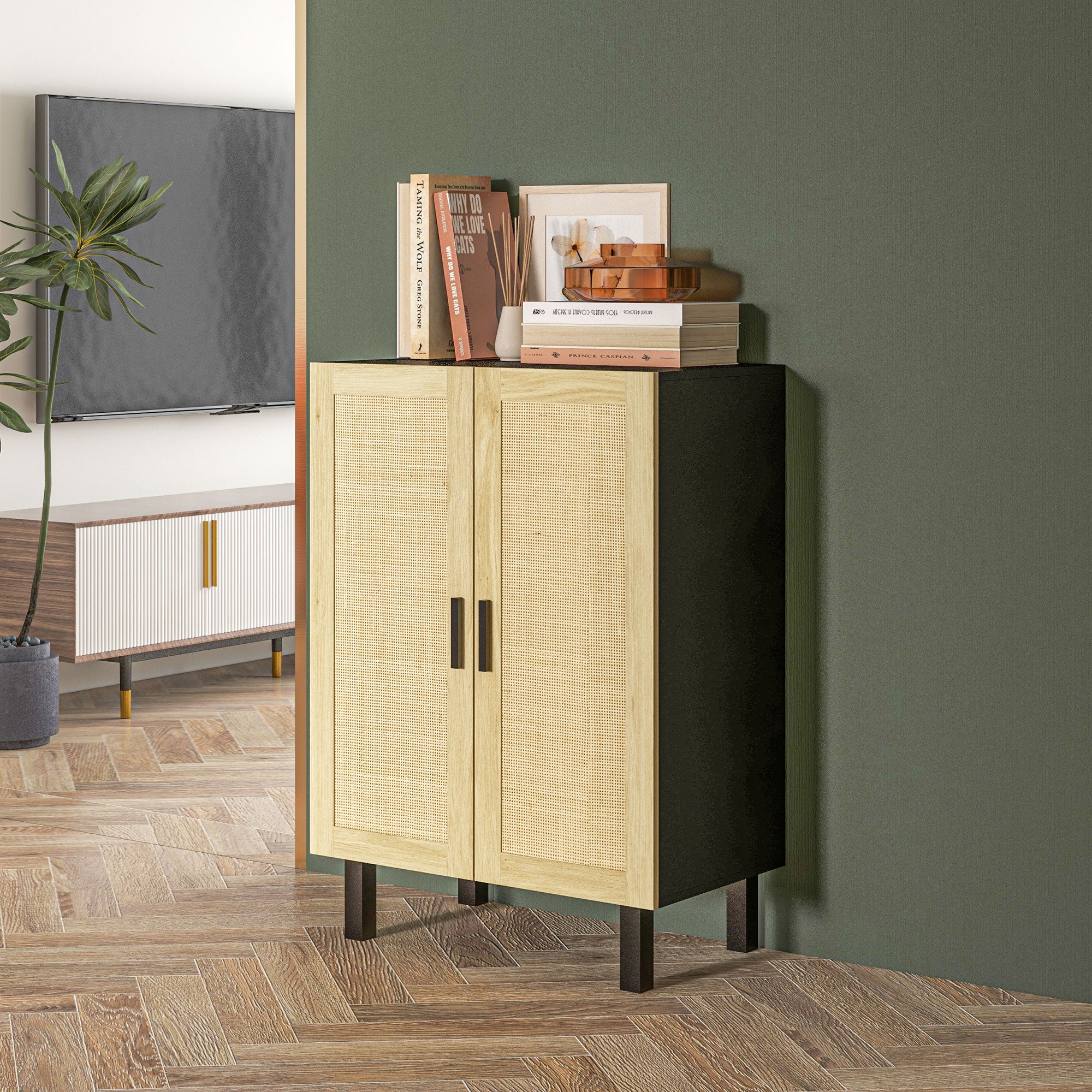 Boho Sideboard, Buffet Cabinet with Storage, Accent Cabinet with 2 Rattan Doors and Adjustable Shelves, Black Storage Cabinets at Gallery Canada
