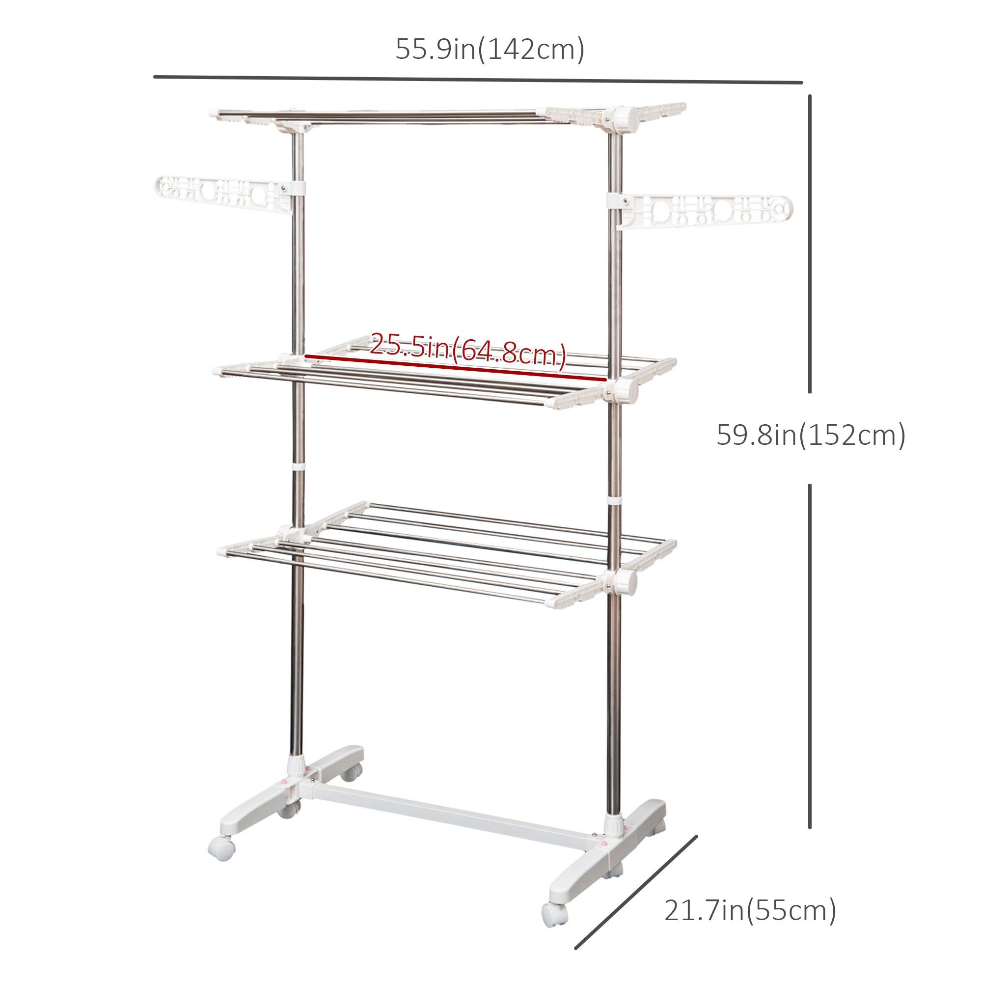 3-Tier Clothes Drying Rack, Stainless Steel Laundry Rack with 2 Side Wings and 6 Castors, Collapsible Adjustable Clothes Airer for Indoor Outdoor, White Bath Accessories at Gallery Canada