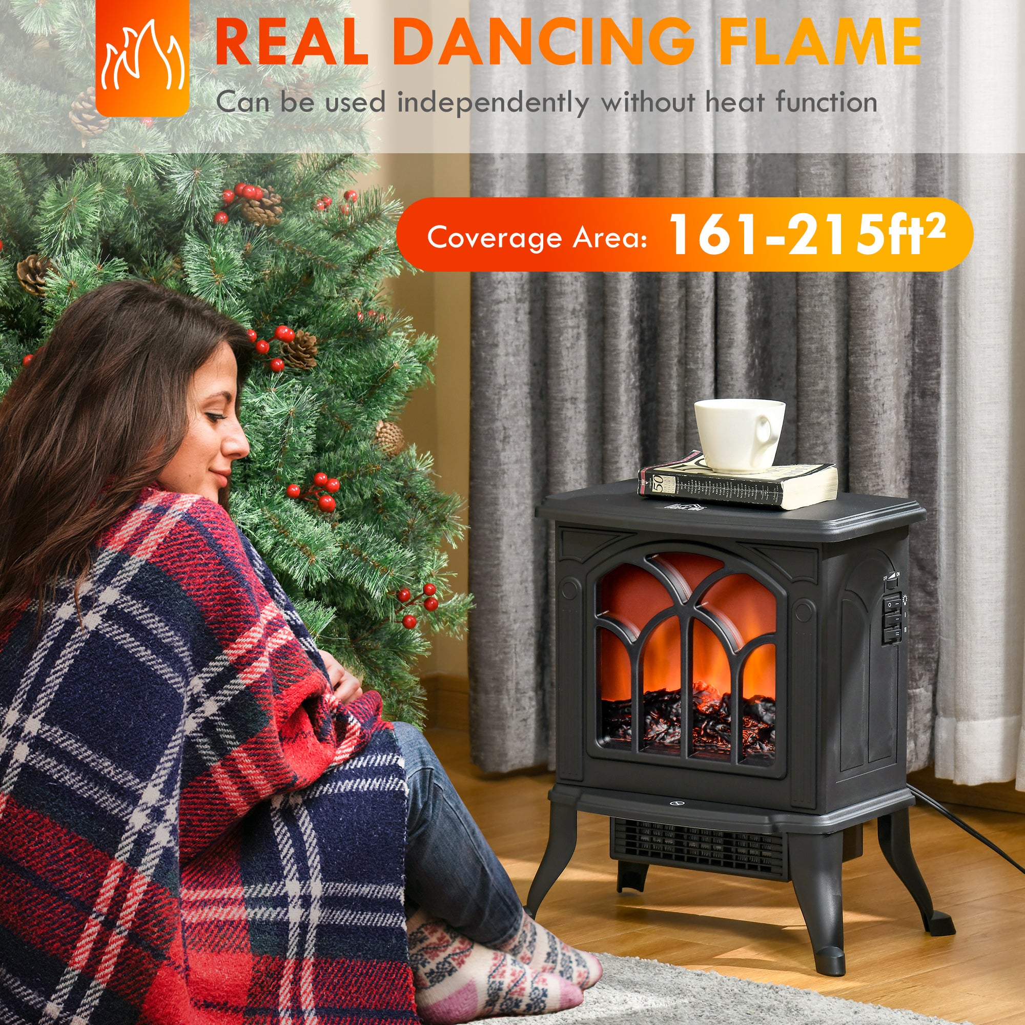 Electric Fireplace Heater, Freestanding Fireplace Stove with Realistic Flame, Overheat Protection, 750W/1500W, Black Electric Fireplaces   at Gallery Canada