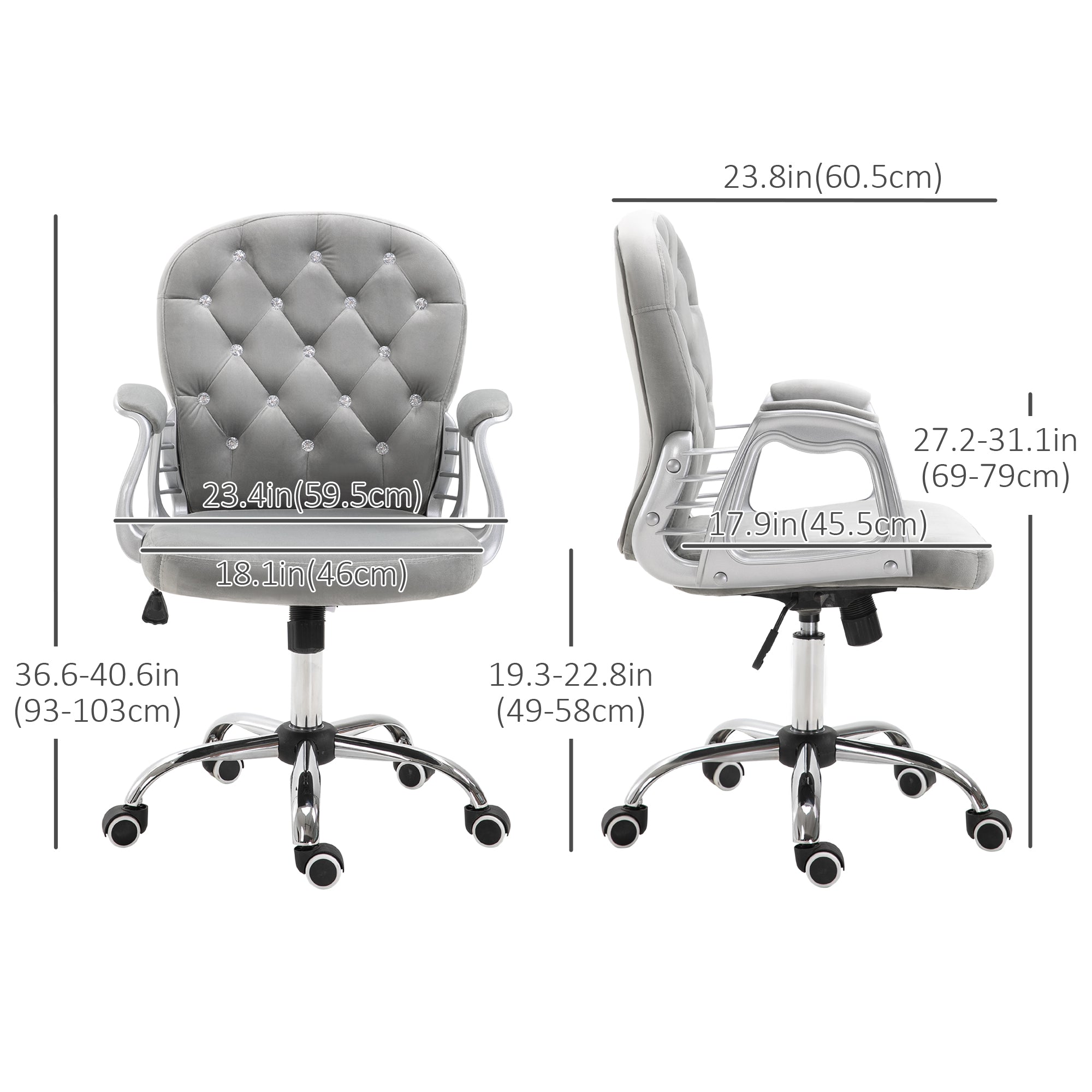 Velvet Vanity Office Chair, Button Tufted Swivel Chair with Adjustable Height, Padded Armrests and Tilt Function, Grey Task Chairs at Gallery Canada